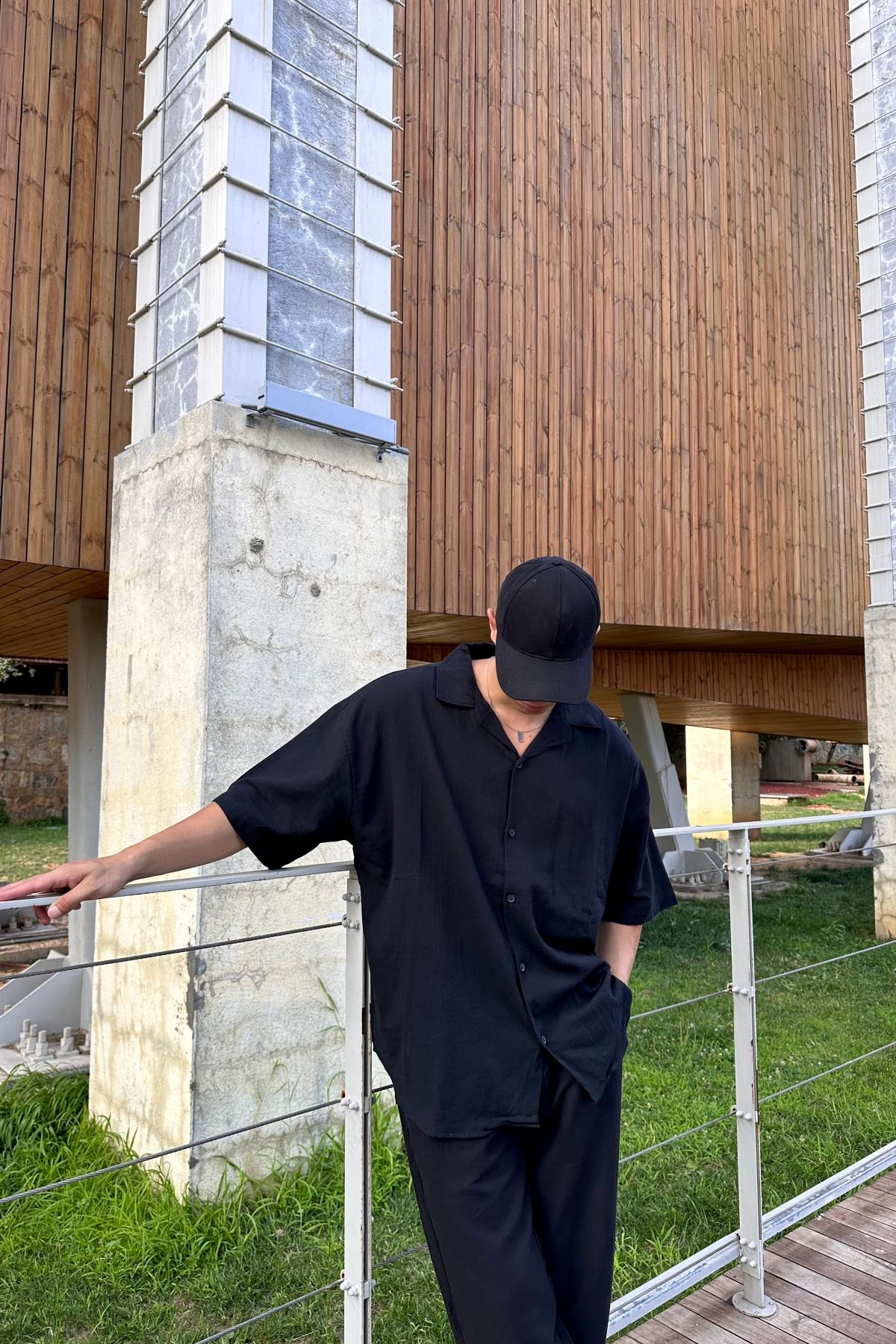 Siyah Kısa Kol Oversize Gömlek G145