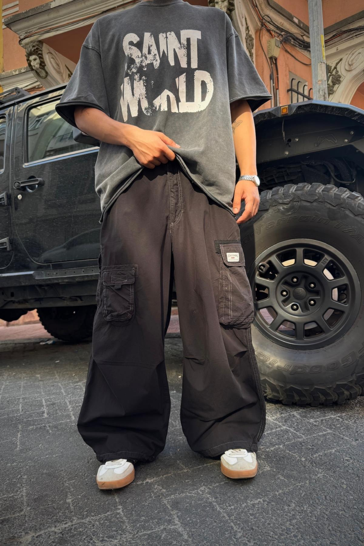 Siyah Paraşüt Kumaş Çok Cepli Bdg Pantolon