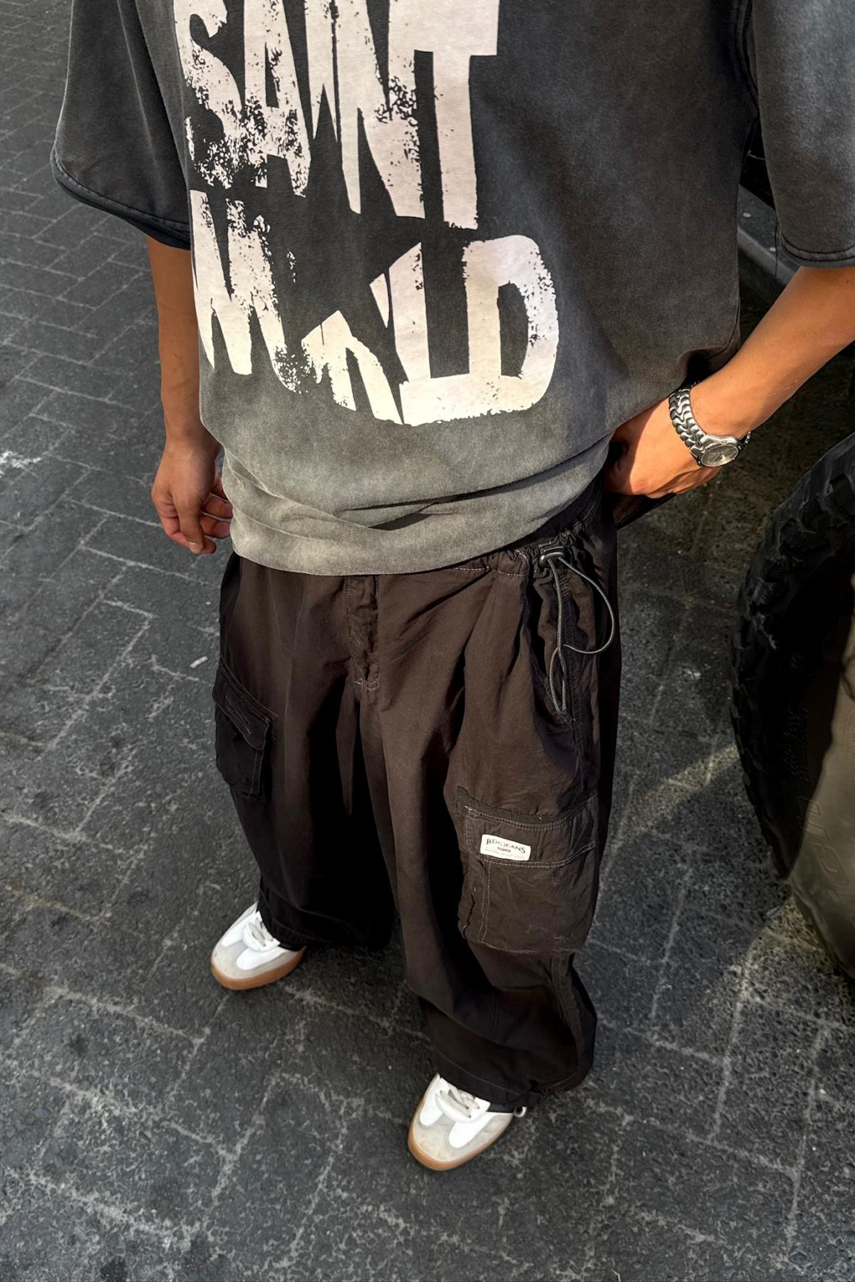 Siyah Paraşüt Kumaş Çok Cepli Bdg Pantolon