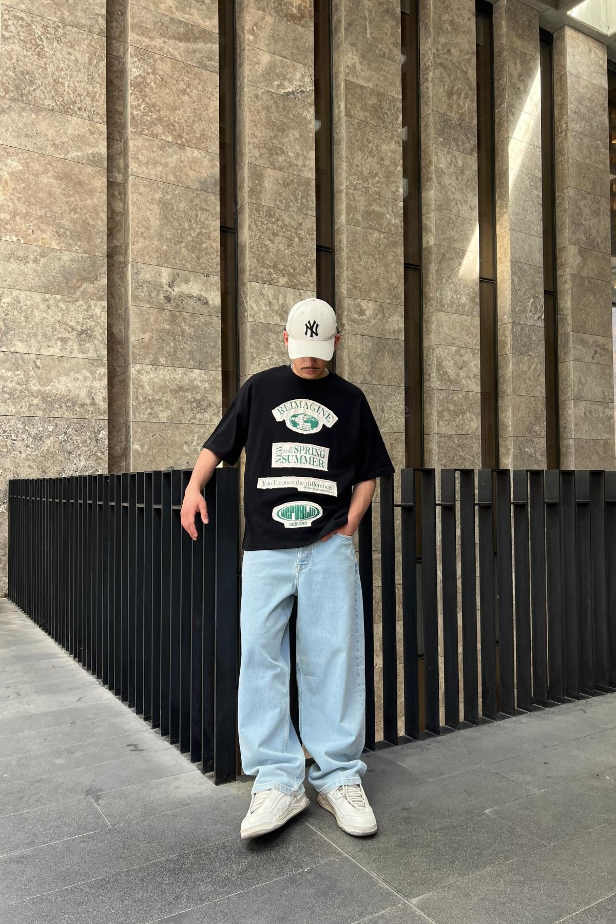 Siyah Patch Detay Oversize Reimagine Tshirt