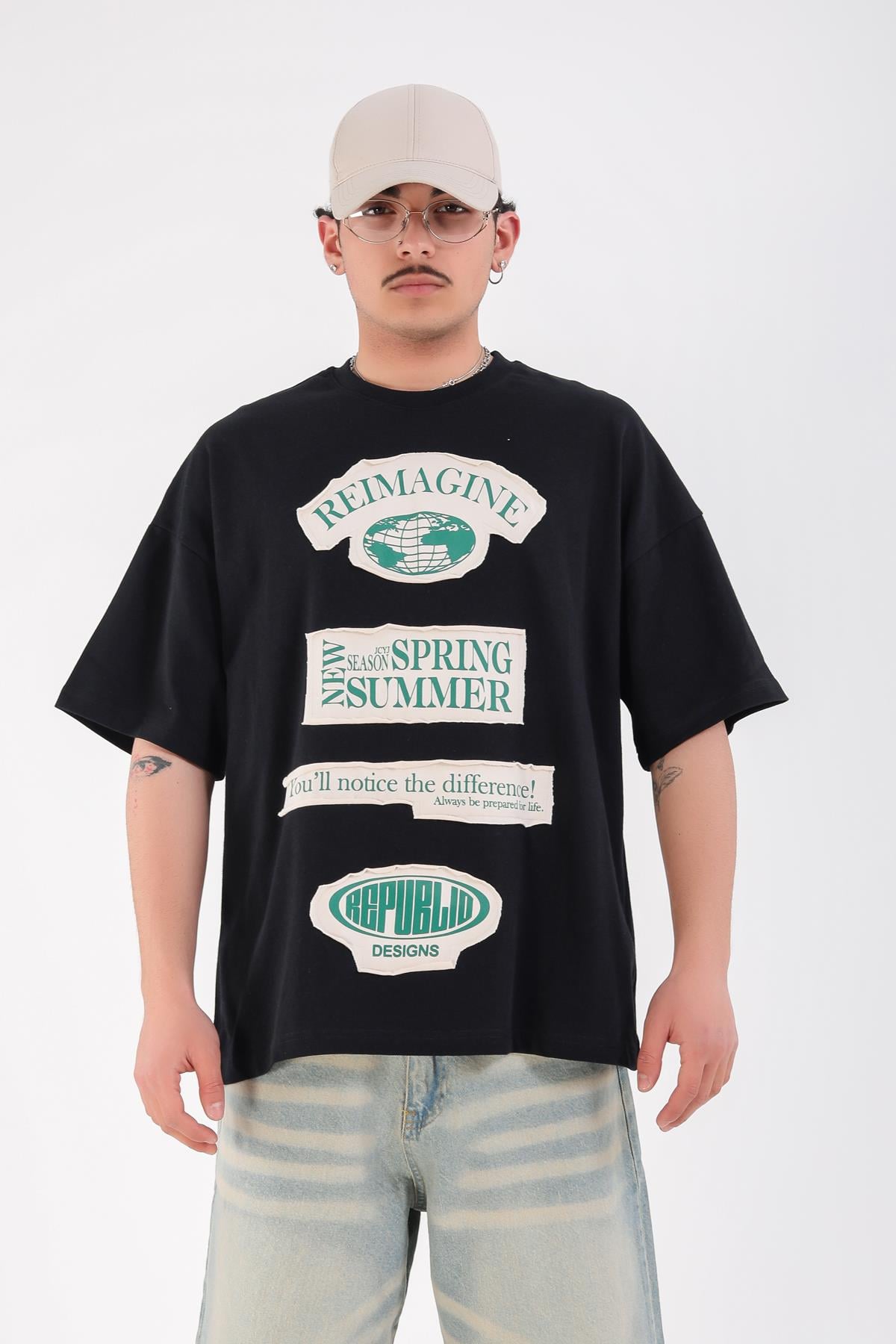 Siyah Patch Detay Oversize Reimagine Tshirt