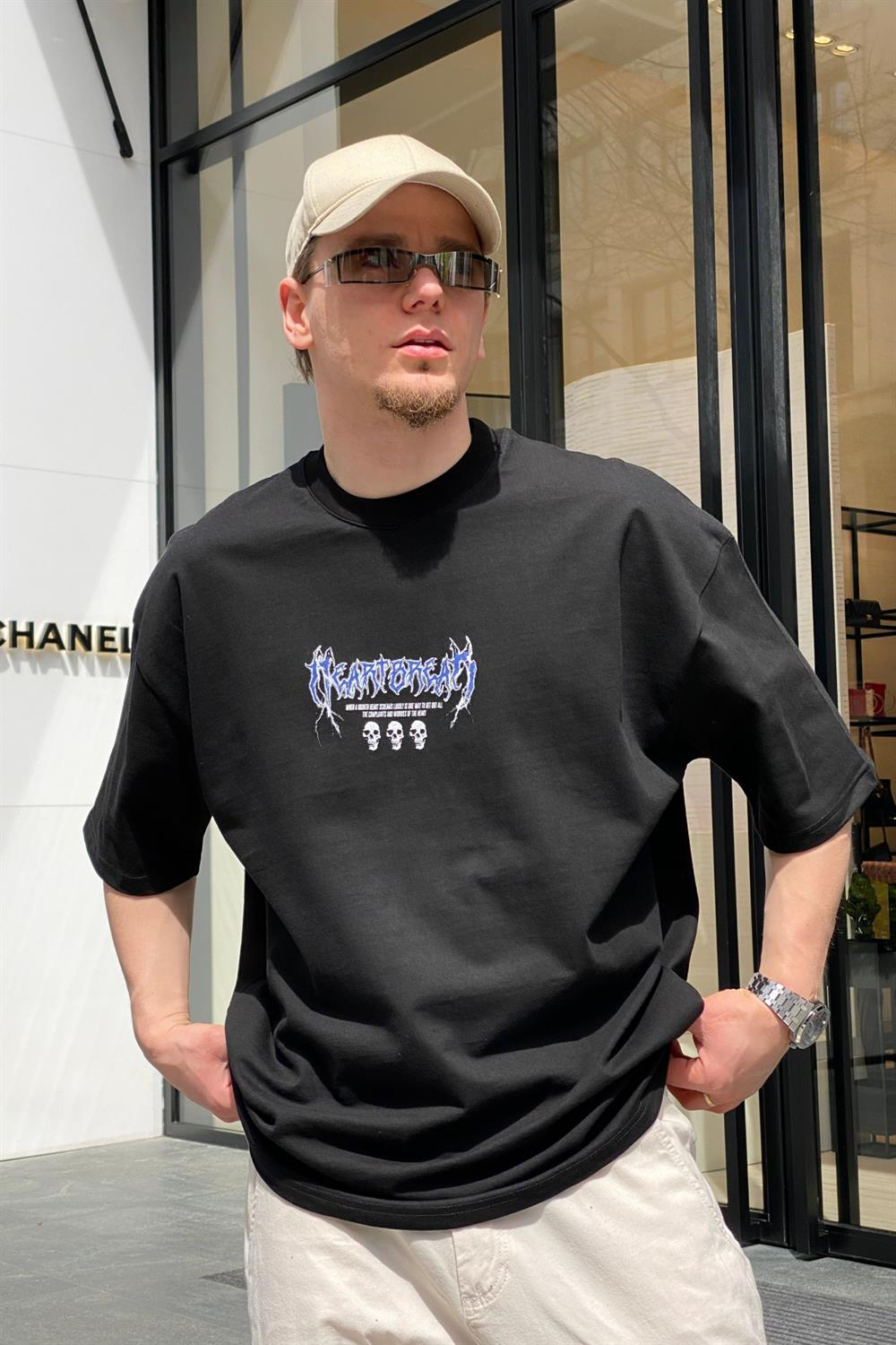 Siyah Skeleton Baskılı Oversize Tshirt  T611