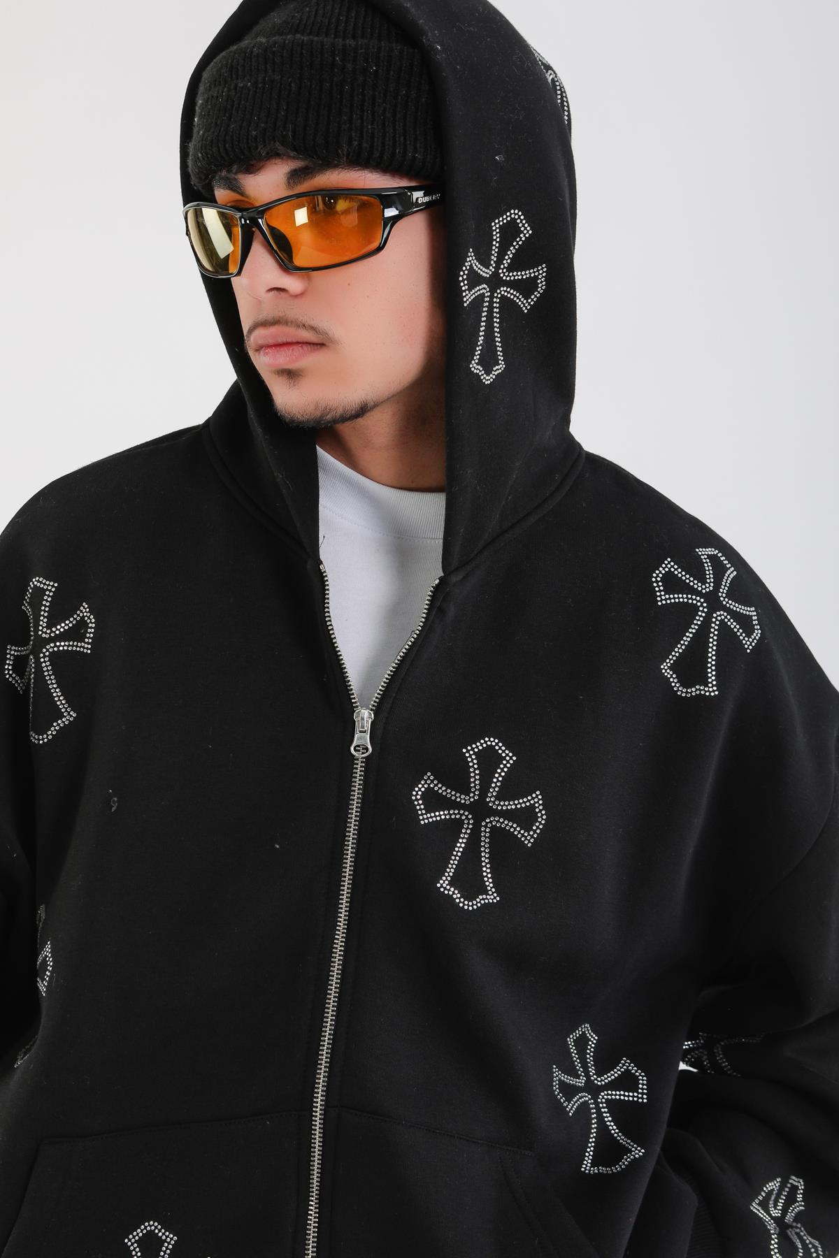 Siyah Taş Baskılı Oversize Zipper Hoodie