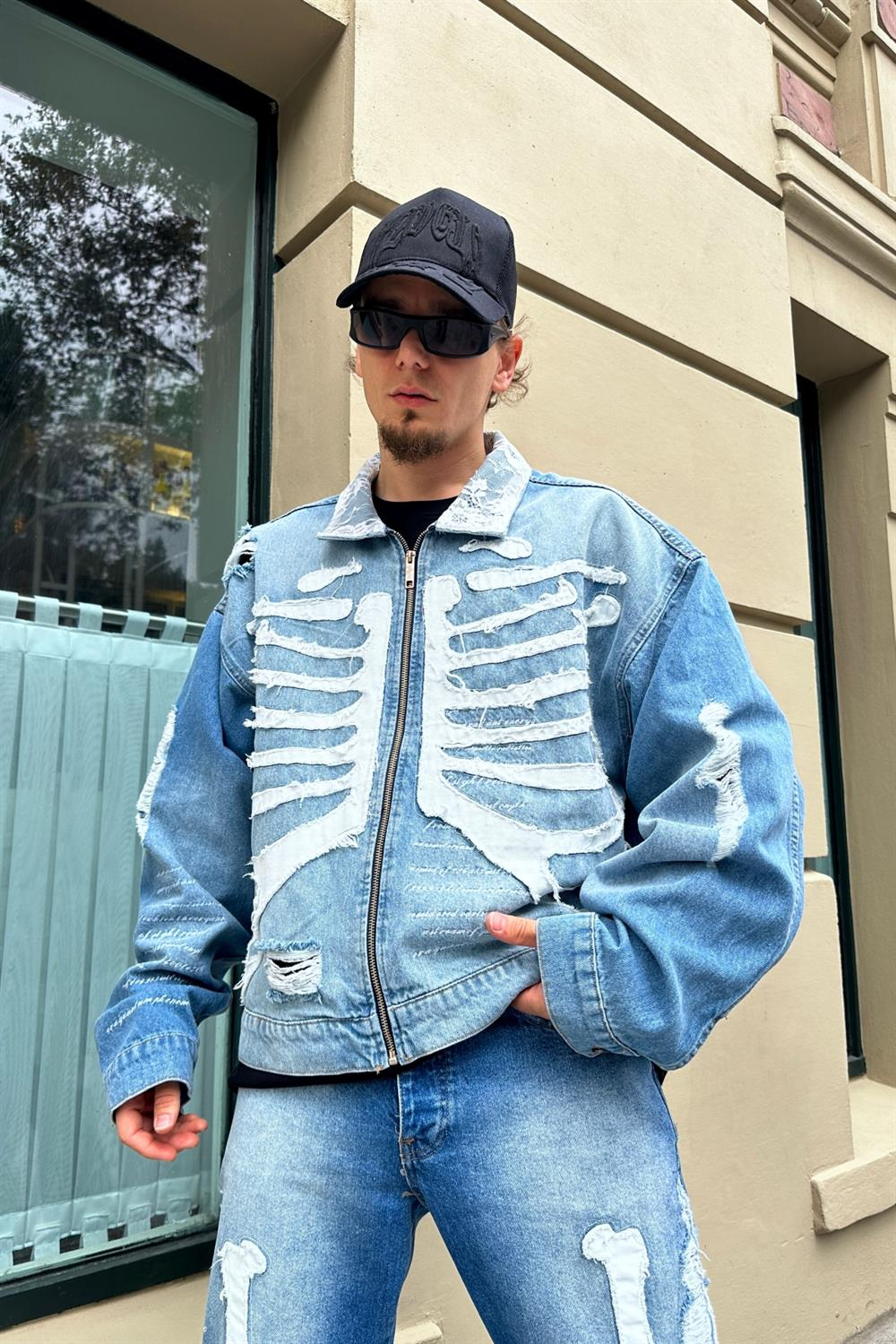 Skeleton Patch Detay Zipper Jean Ceket C205