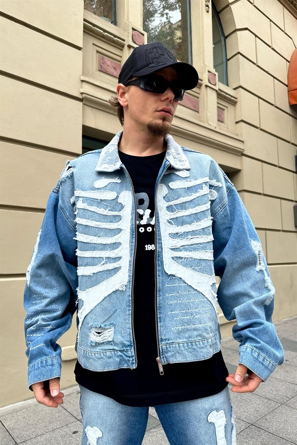 Skeleton Patch Detay Zipper Jean Ceket C205