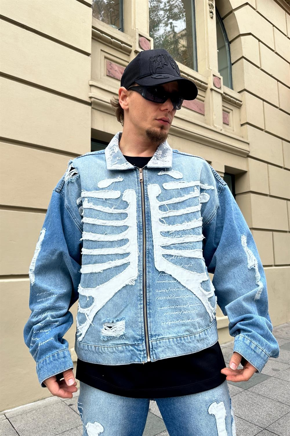 Skeleton Patch Detay Zipper Jean Ceket C205