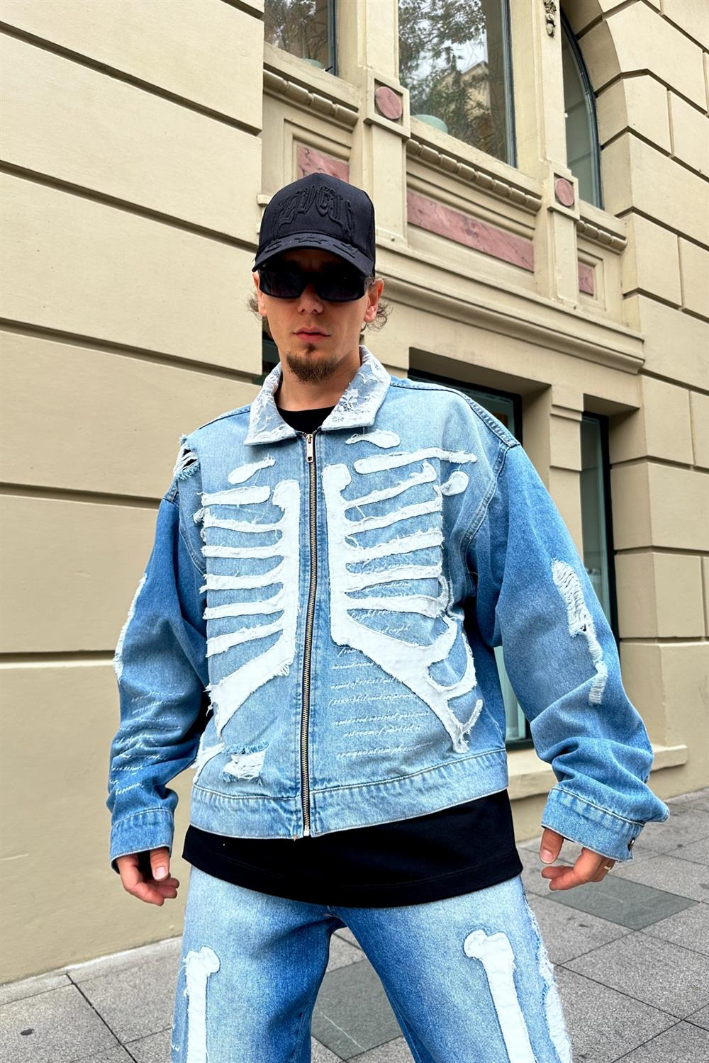 Skeleton Patch Detay Zipper Jean Ceket C205
