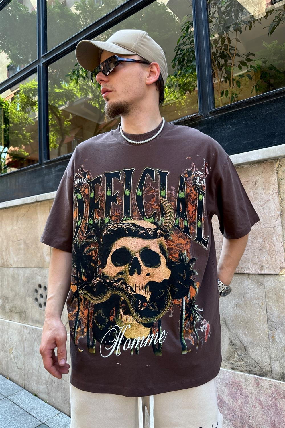 Skull Baskılı Kahve Oversize Tshirt T806
