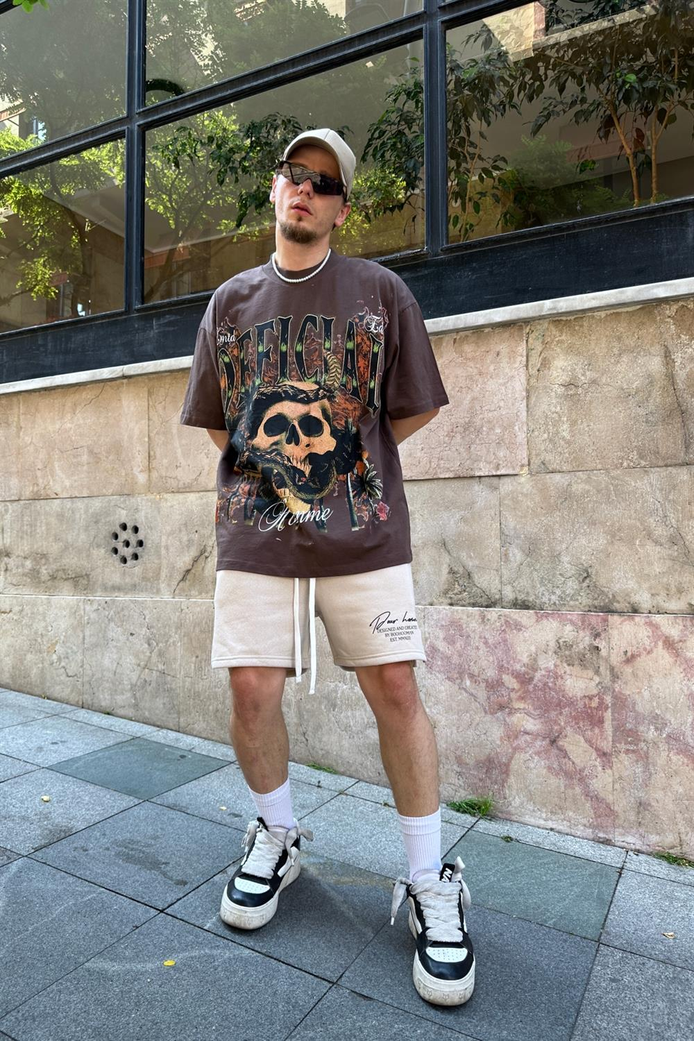 Skull Baskılı Kahve Oversize Tshirt T806
