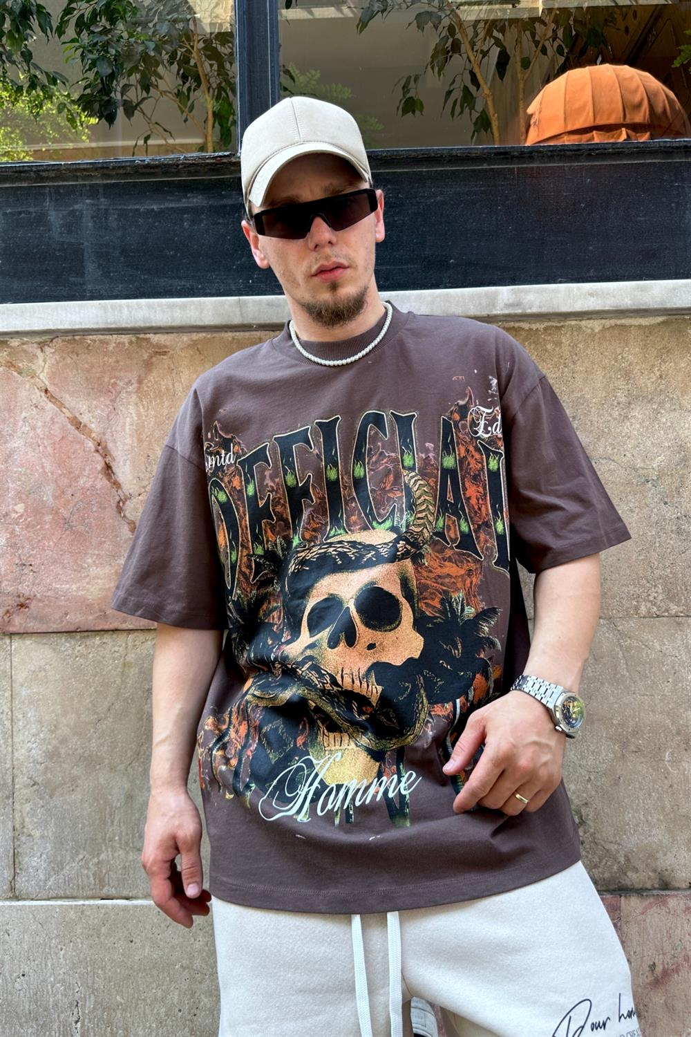 Skull Baskılı Kahve Oversize Tshirt T806