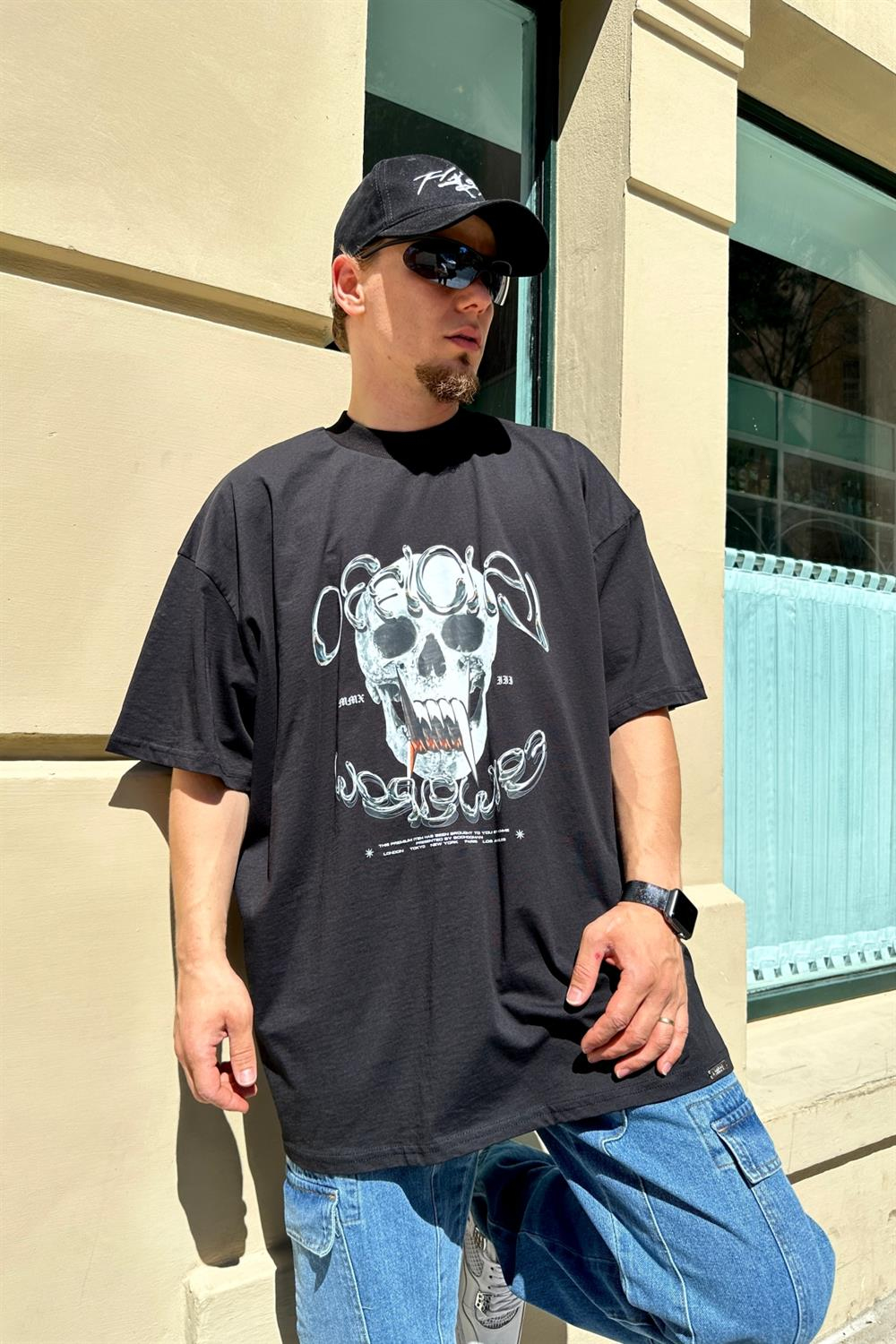 Skull Baskılı Siyah Oversize Tshirt T833