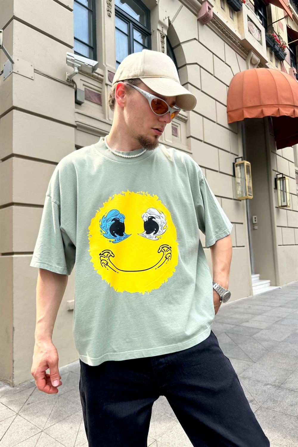 Smile Baskılı Açık Yeşil Oversize Tshirt T779