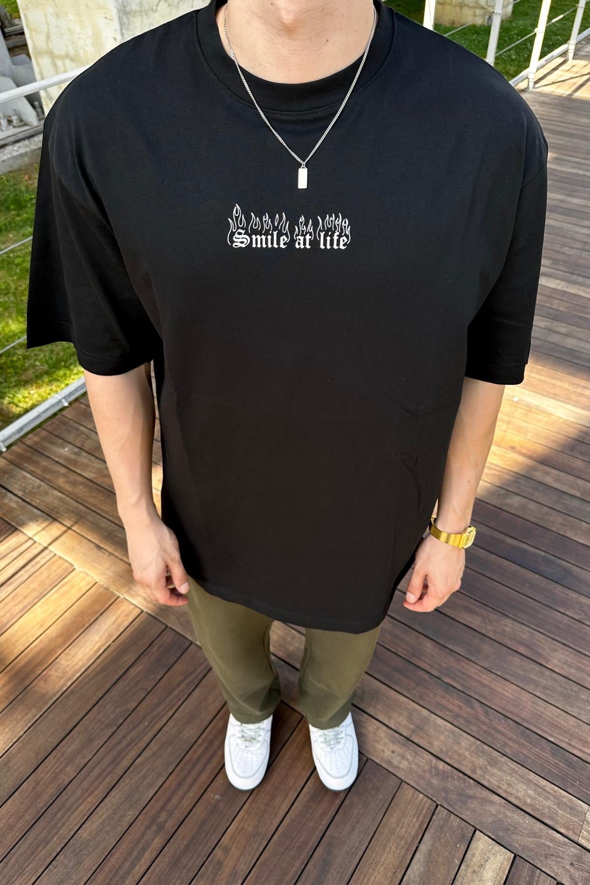 Smile Baskılı Siyah Oversize Tshirt T1079