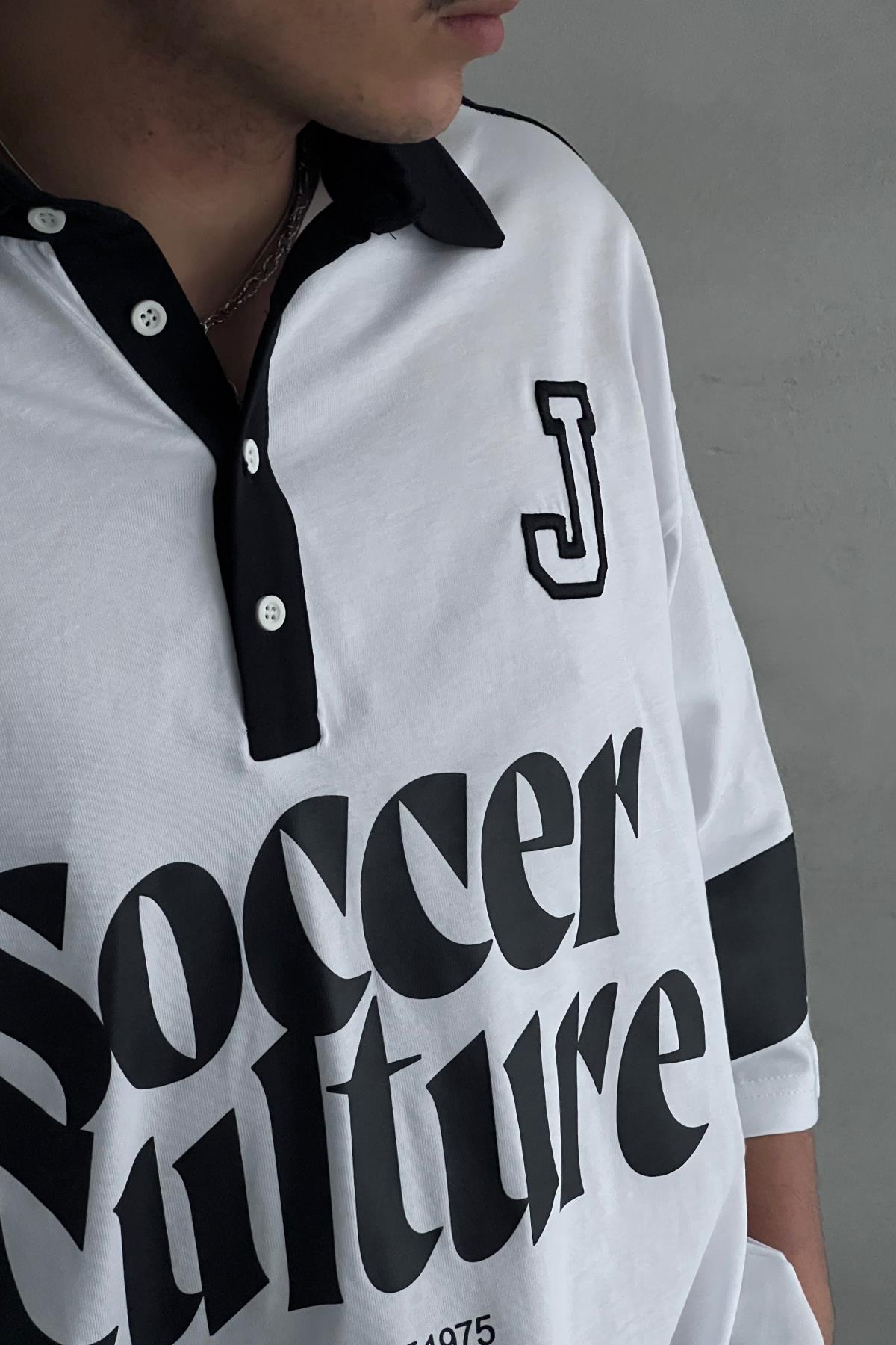 Soccer Baskılı Beyaz Polo Yaka Oversize Tshirt