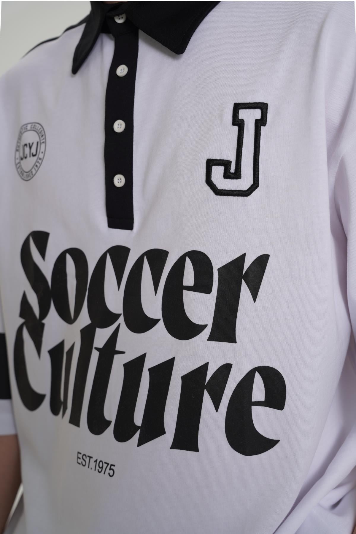 Soccer Baskılı Beyaz Polo Yaka Oversize Tshirt