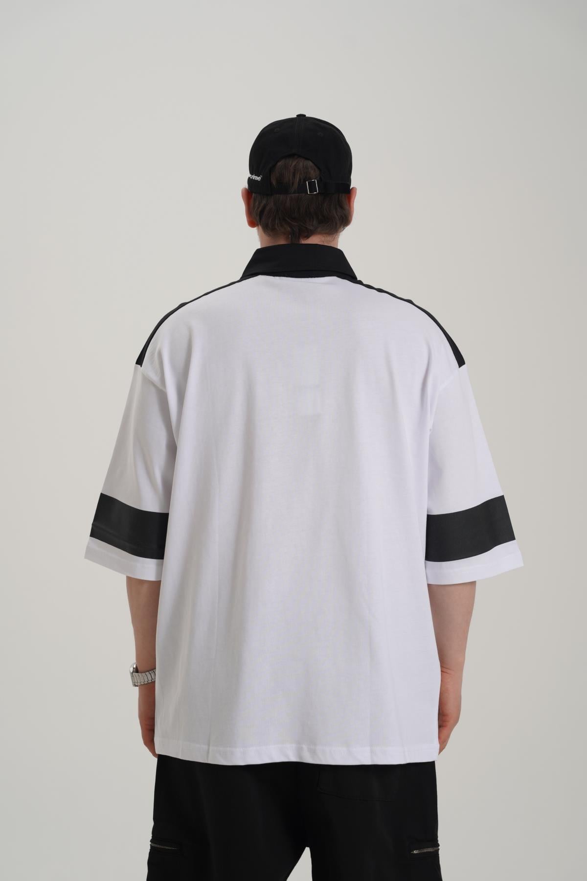 Soccer Baskılı Beyaz Polo Yaka Oversize Tshirt