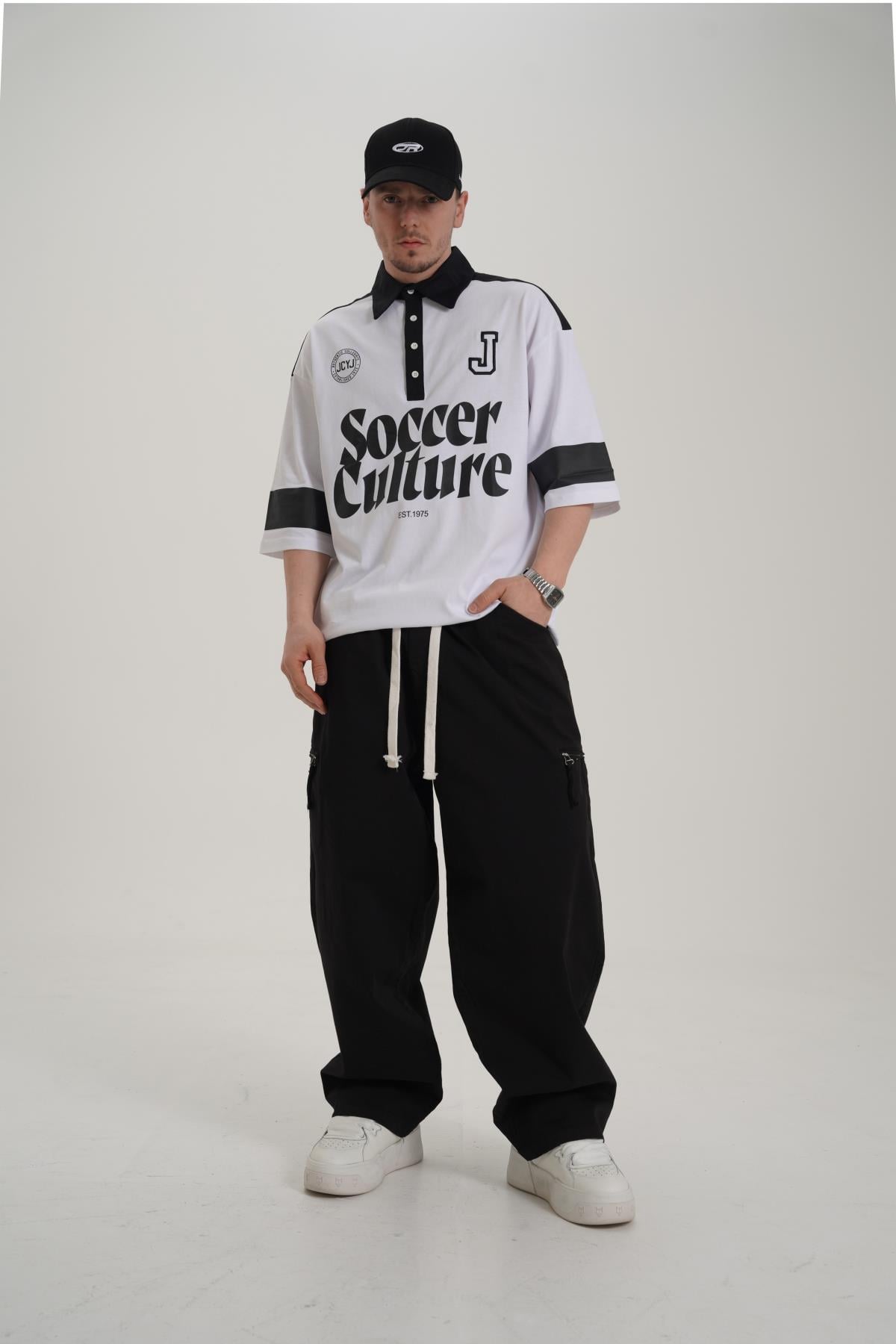 Soccer Baskılı Beyaz Polo Yaka Oversize Tshirt