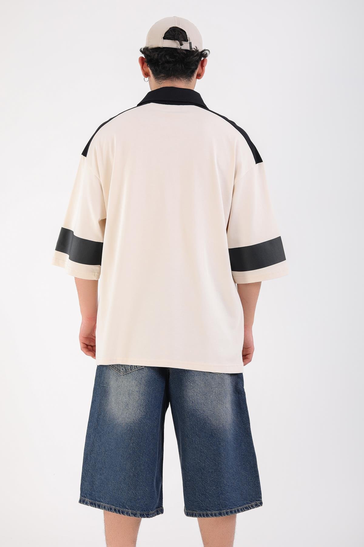 Soccer Baskılı Krem Polo Yaka Oversize Tshirt