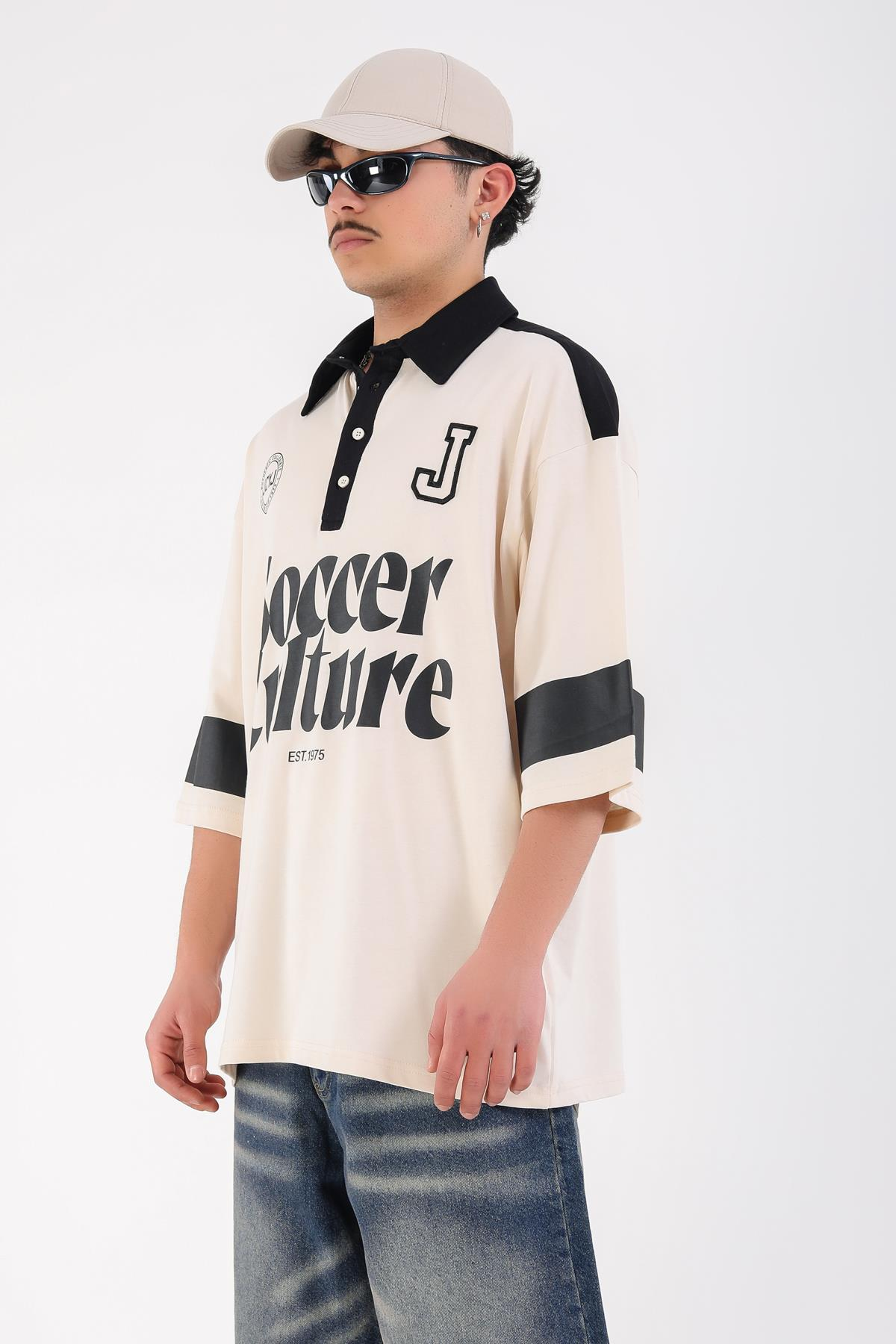 Soccer Baskılı Krem Polo Yaka Oversize Tshirt