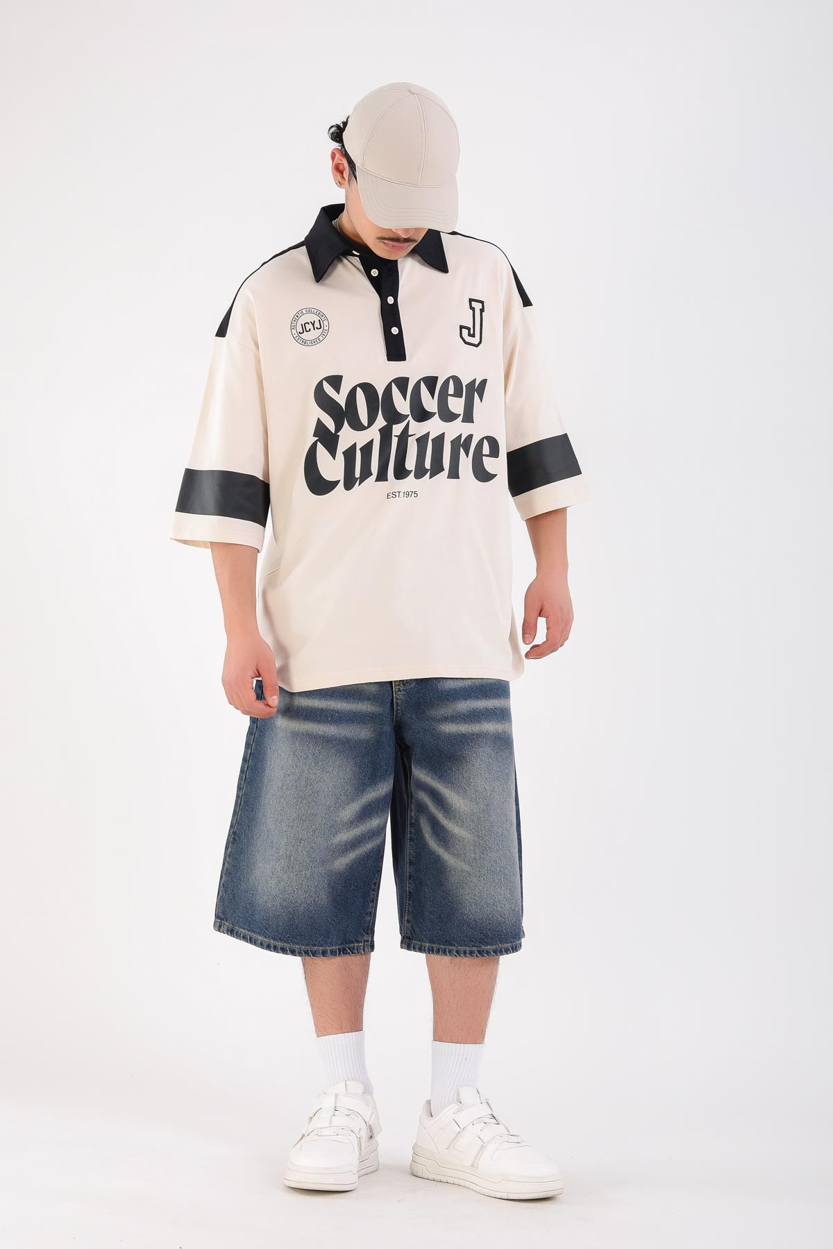 Soccer Baskılı Krem Polo Yaka Oversize Tshirt