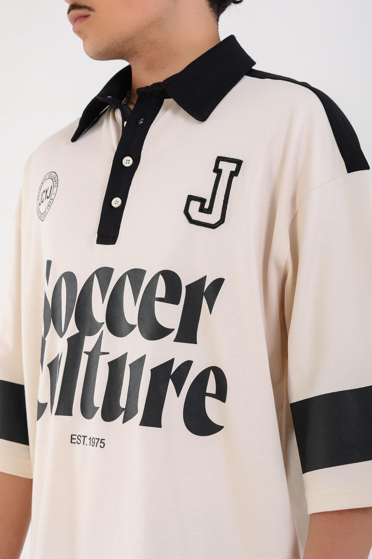 Soccer Baskılı Krem Polo Yaka Oversize Tshirt