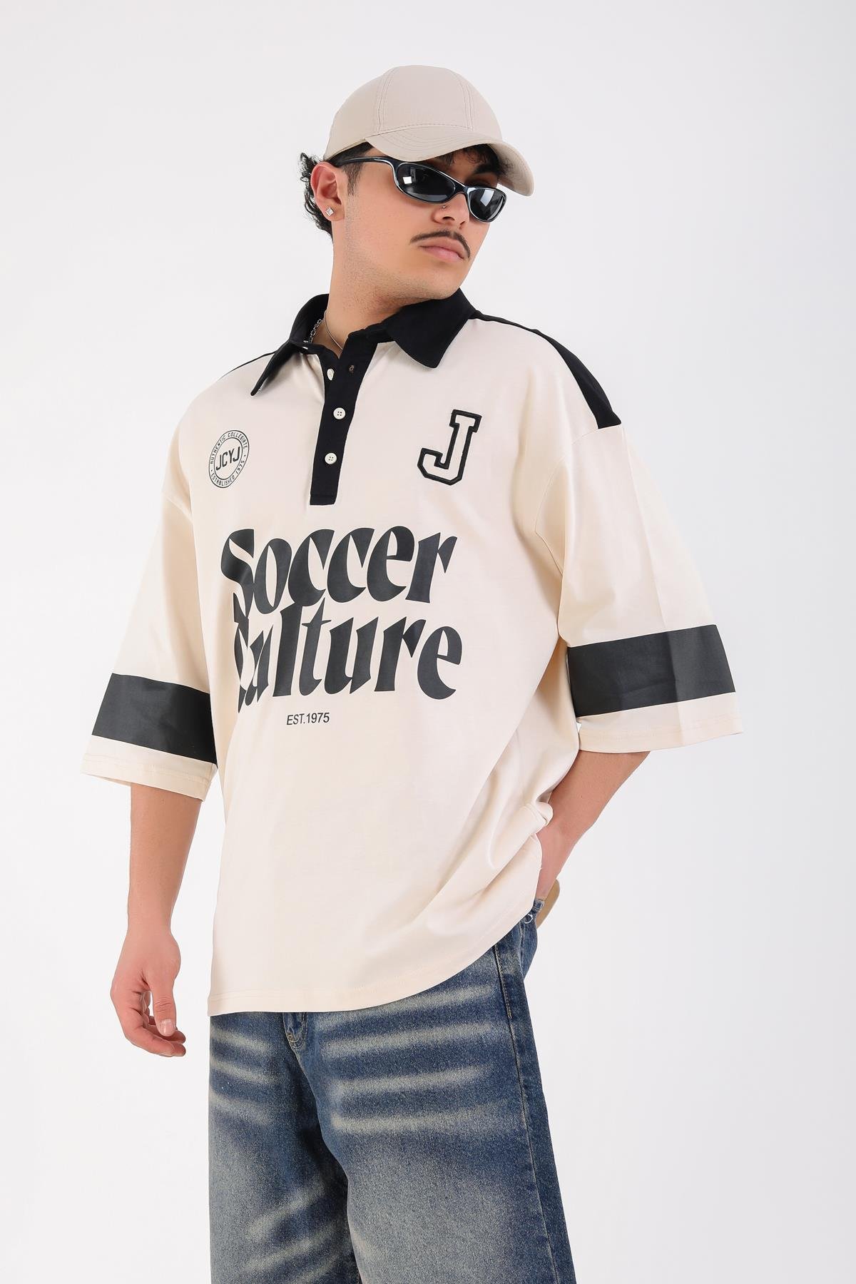 Soccer Baskılı Krem Polo Yaka Oversize Tshirt