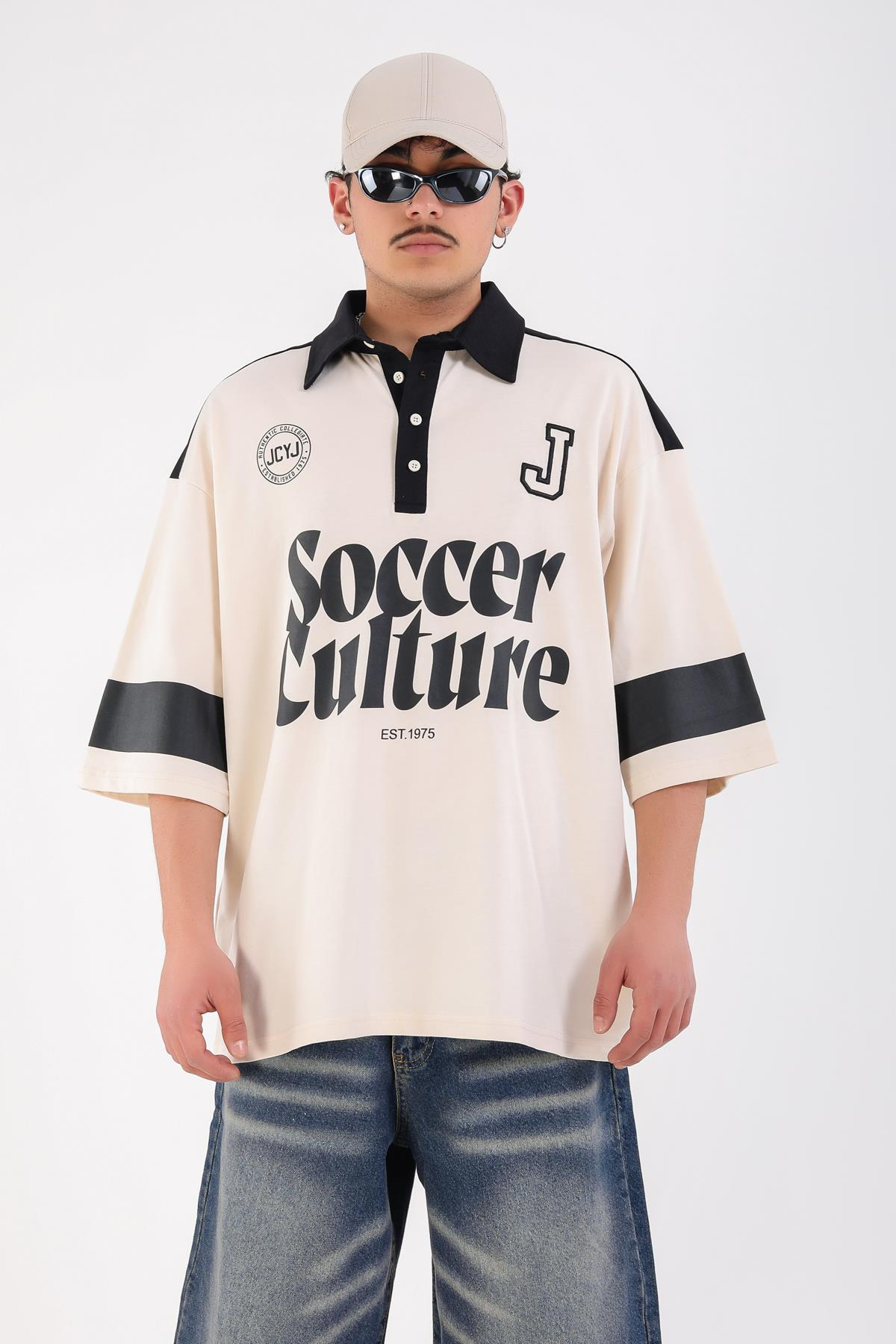 Soccer Baskılı Krem Polo Yaka Oversize Tshirt