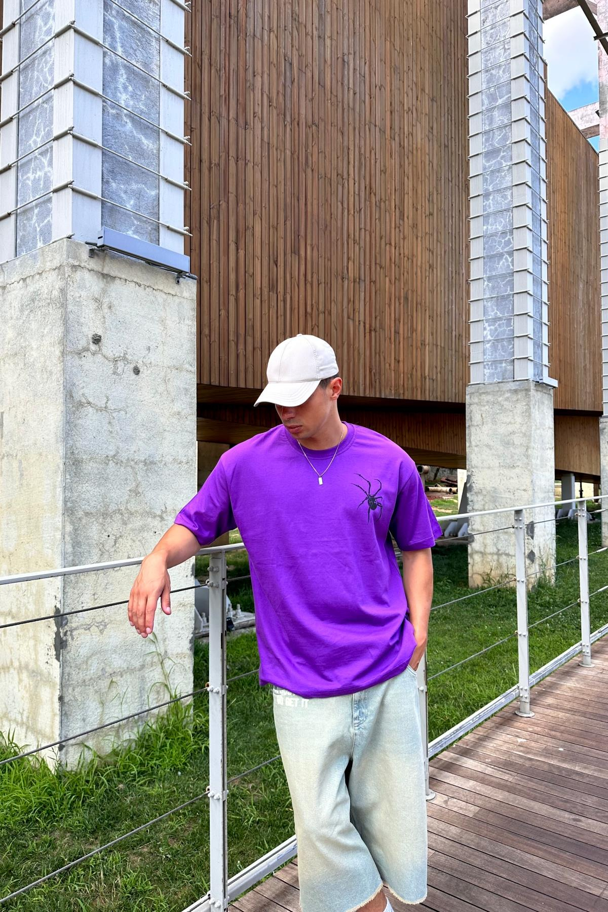 Spider Baskılı Mor Oversize Tshirt T1169