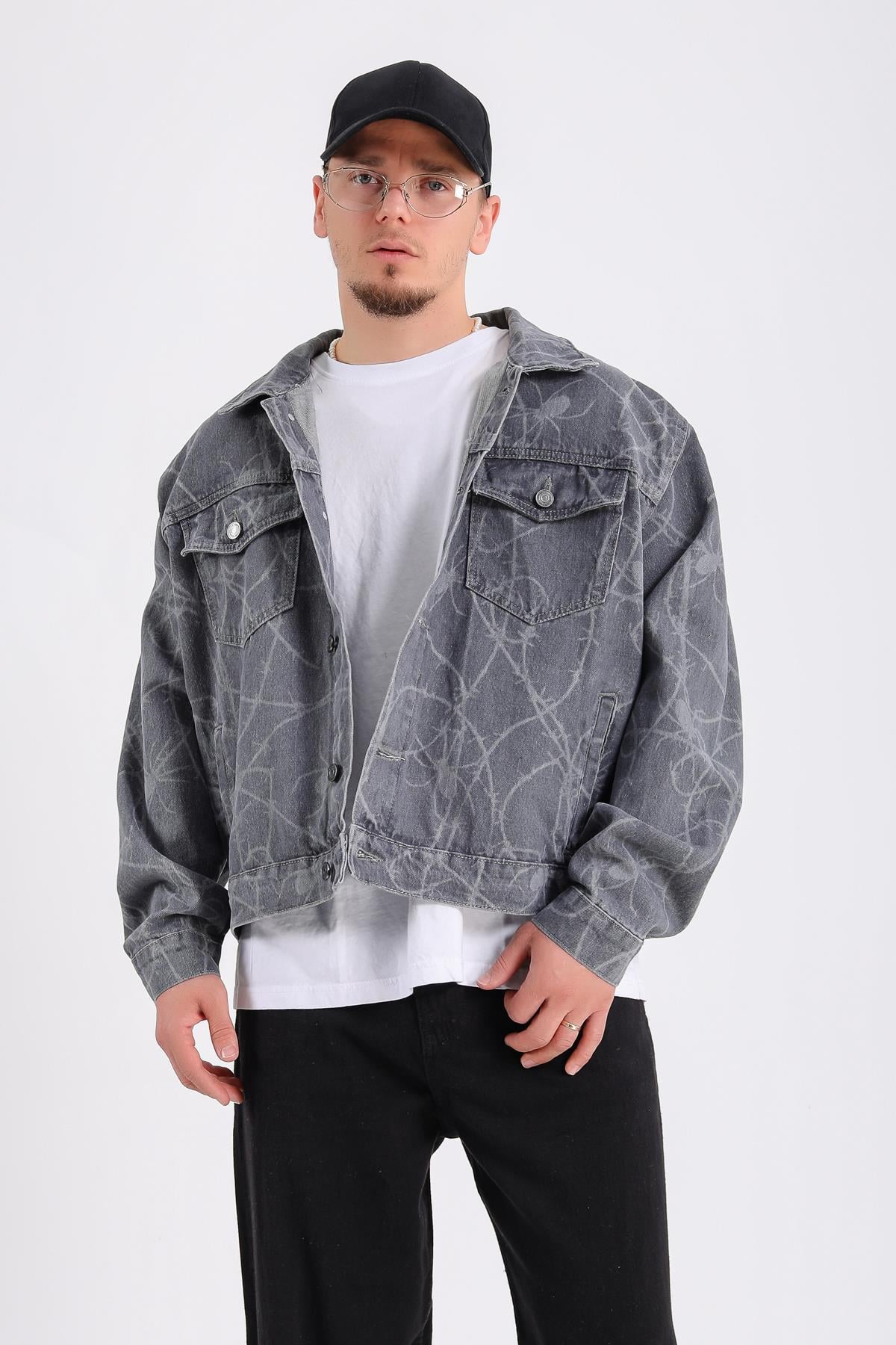 Spider Desen Gri Oversize Jean Ceket C230