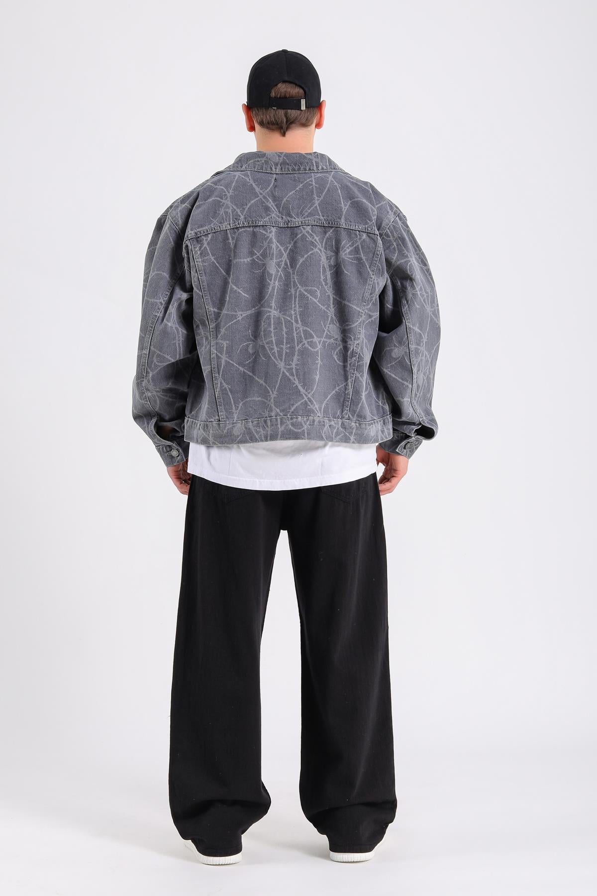 Spider Desen Gri Oversize Jean Ceket C230