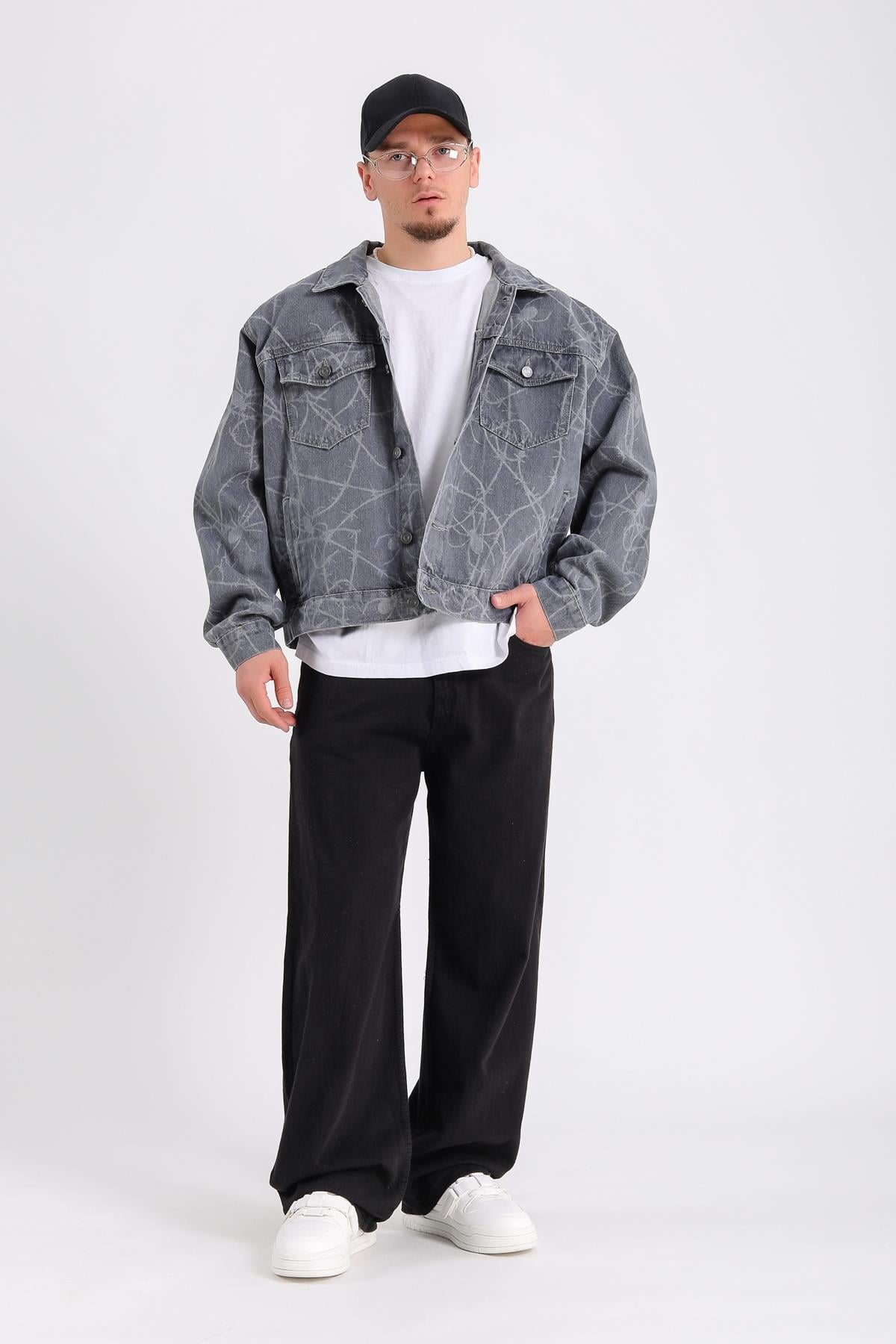 Spider Desen Gri Oversize Jean Ceket C230