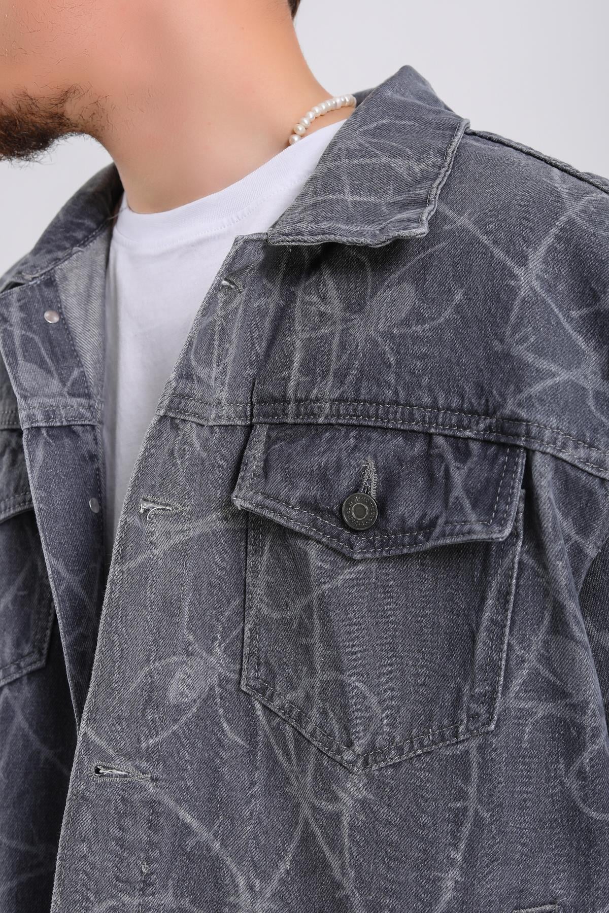 Spider Desen Gri Oversize Jean Ceket C230