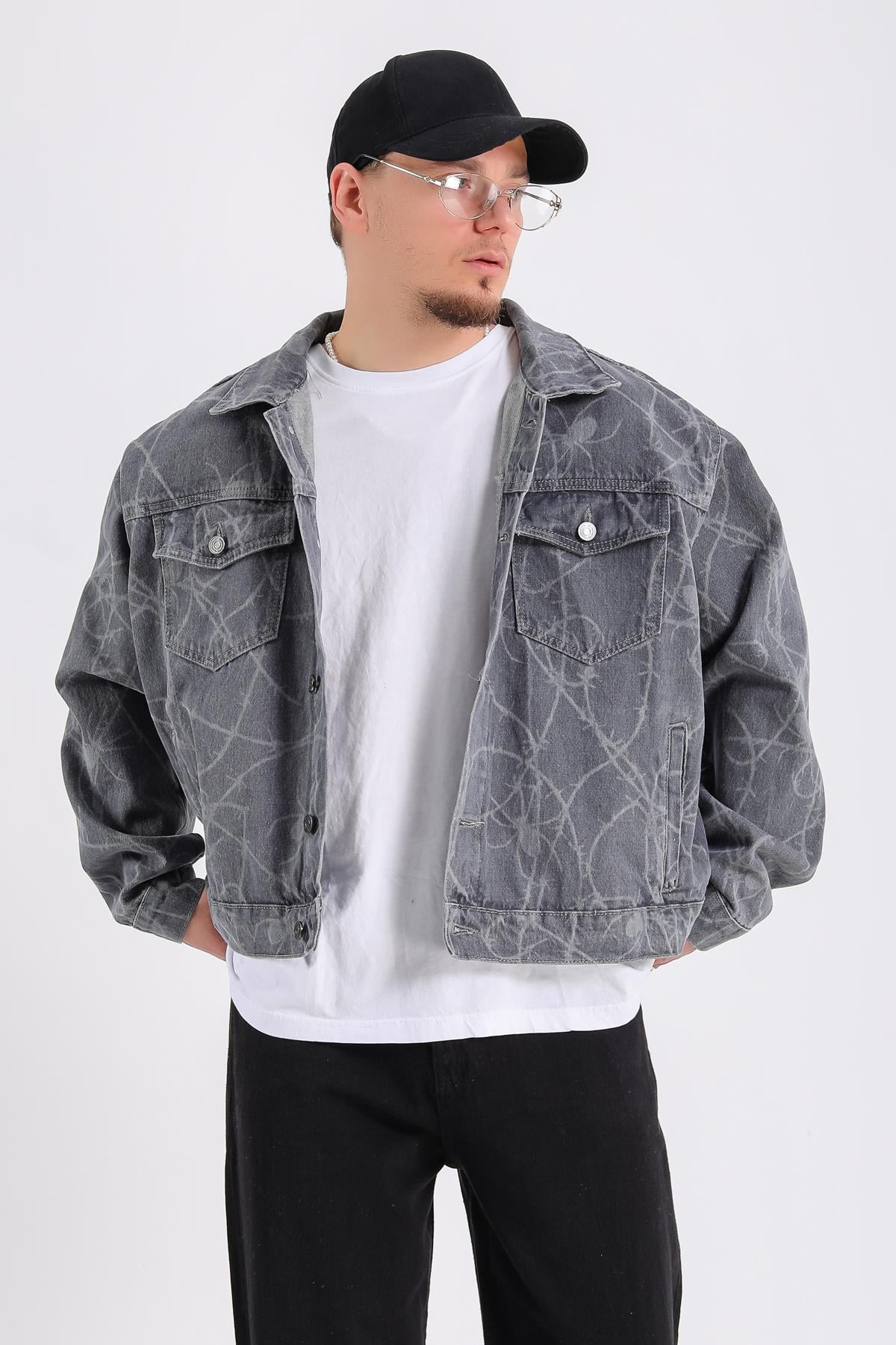 Spider Desen Gri Oversize Jean Ceket C230