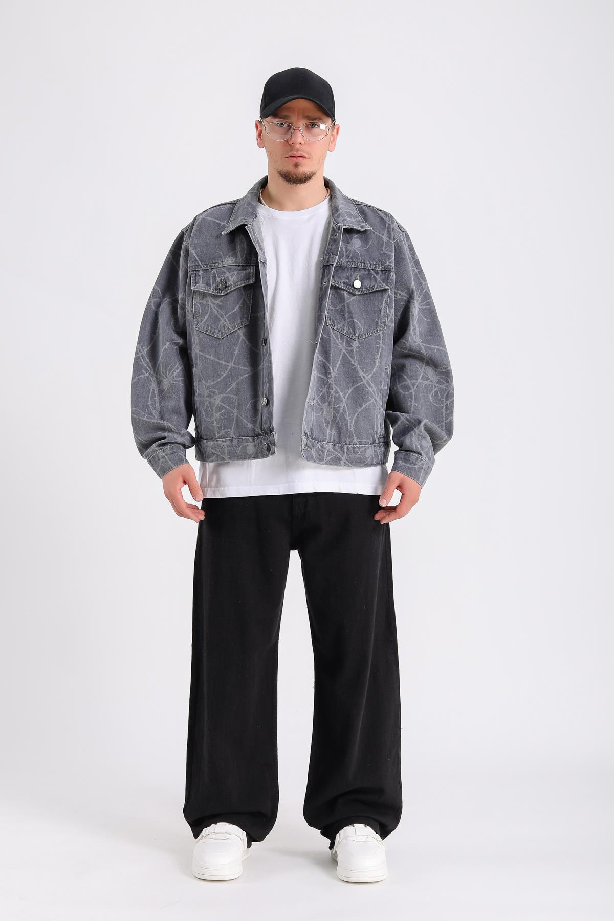 Spider Desen Gri Oversize Jean Ceket C230
