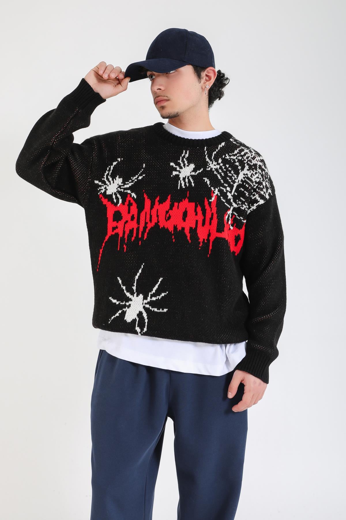 Spider Kırmızı Desenli Oversize Kazak KZK156