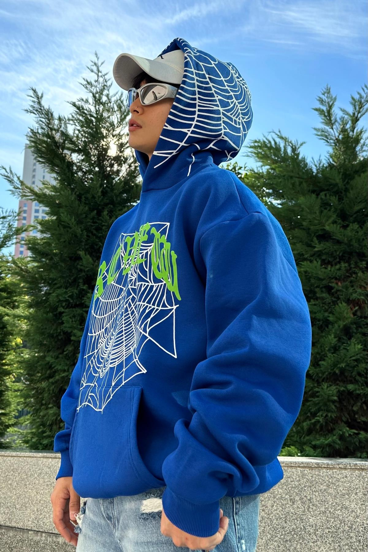 Spider Rv Baskılı Mavi Oversize Sweatshirt SW1014