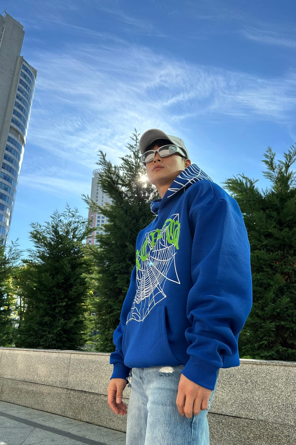 Spider Rv Baskılı Mavi Oversize Sweatshirt SW1014