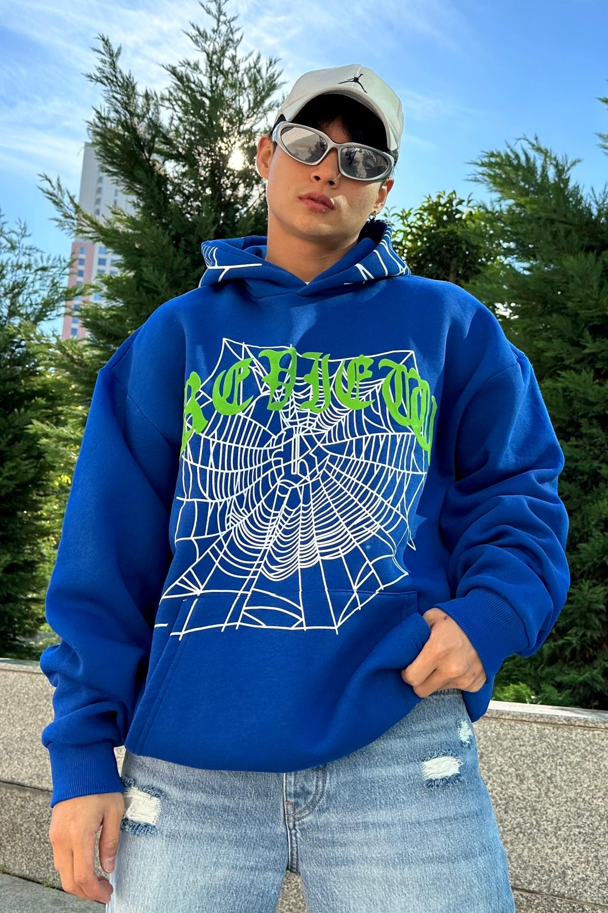 Spider Rv Baskılı Mavi Oversize Sweatshirt SW1014