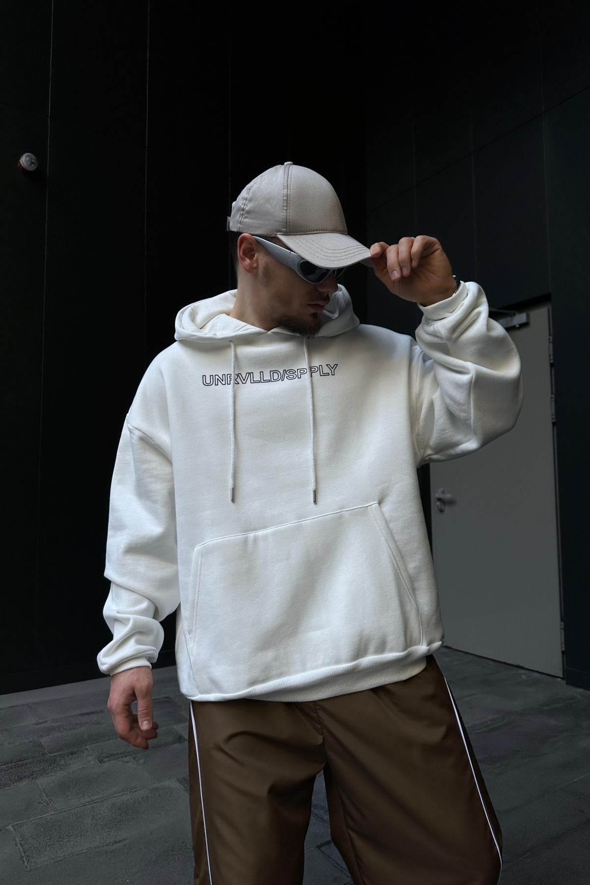 Spply Baskılı Beyaz Oversize Hoodie SW1095