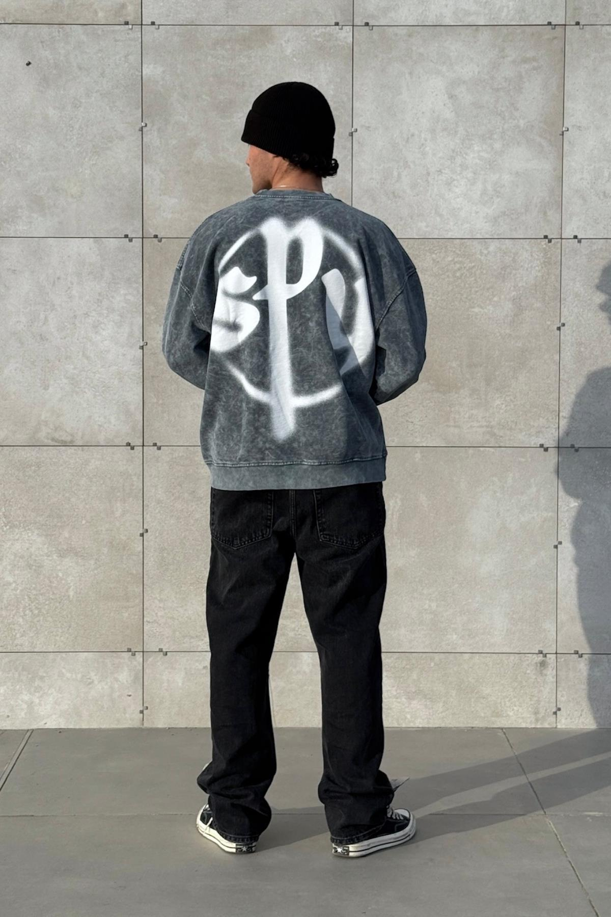 Spy Baskılı Acid Wash Oversize Sweatshirt JC01