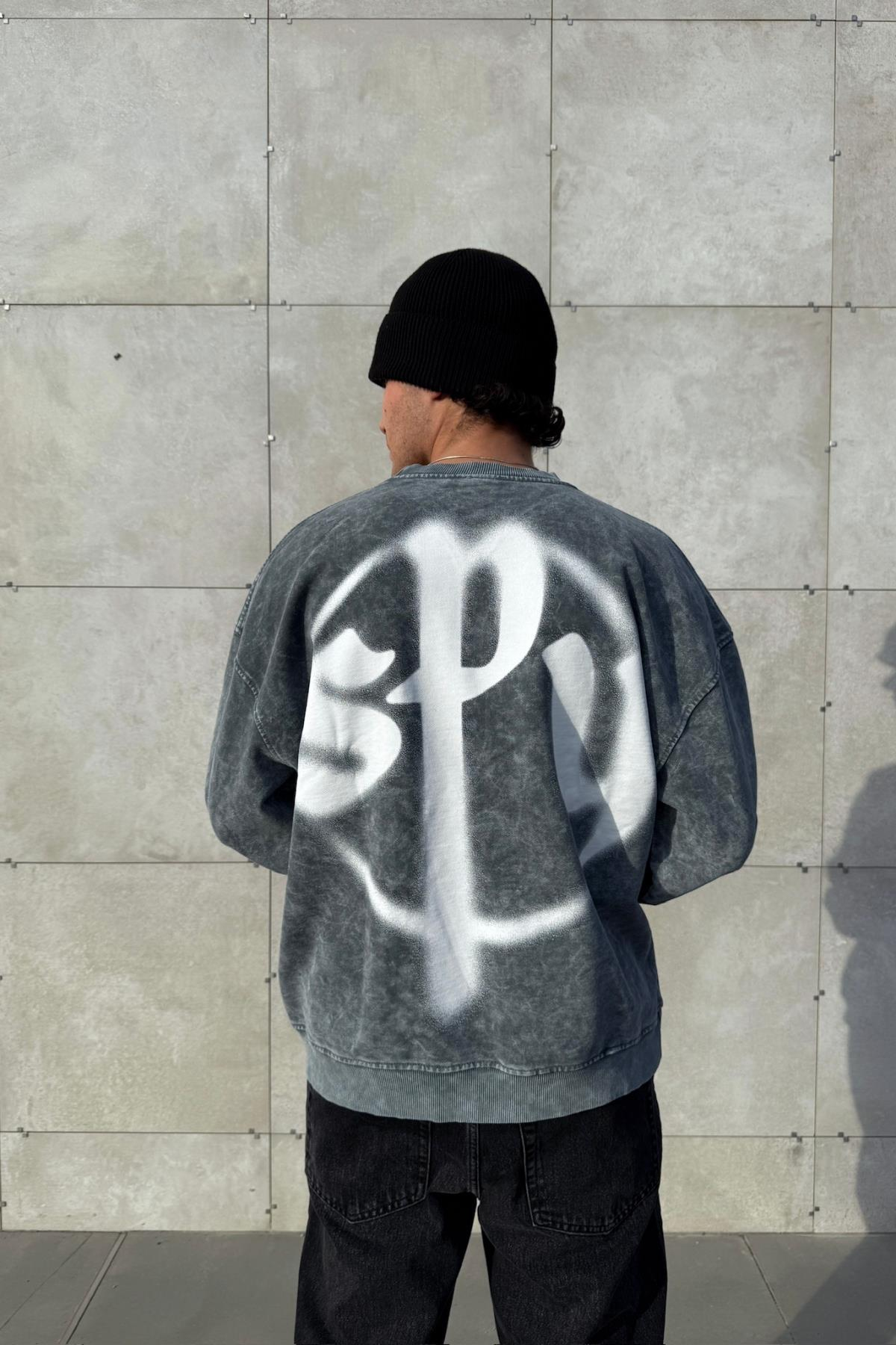 Spy Baskılı Acid Wash Oversize Sweatshirt JC01