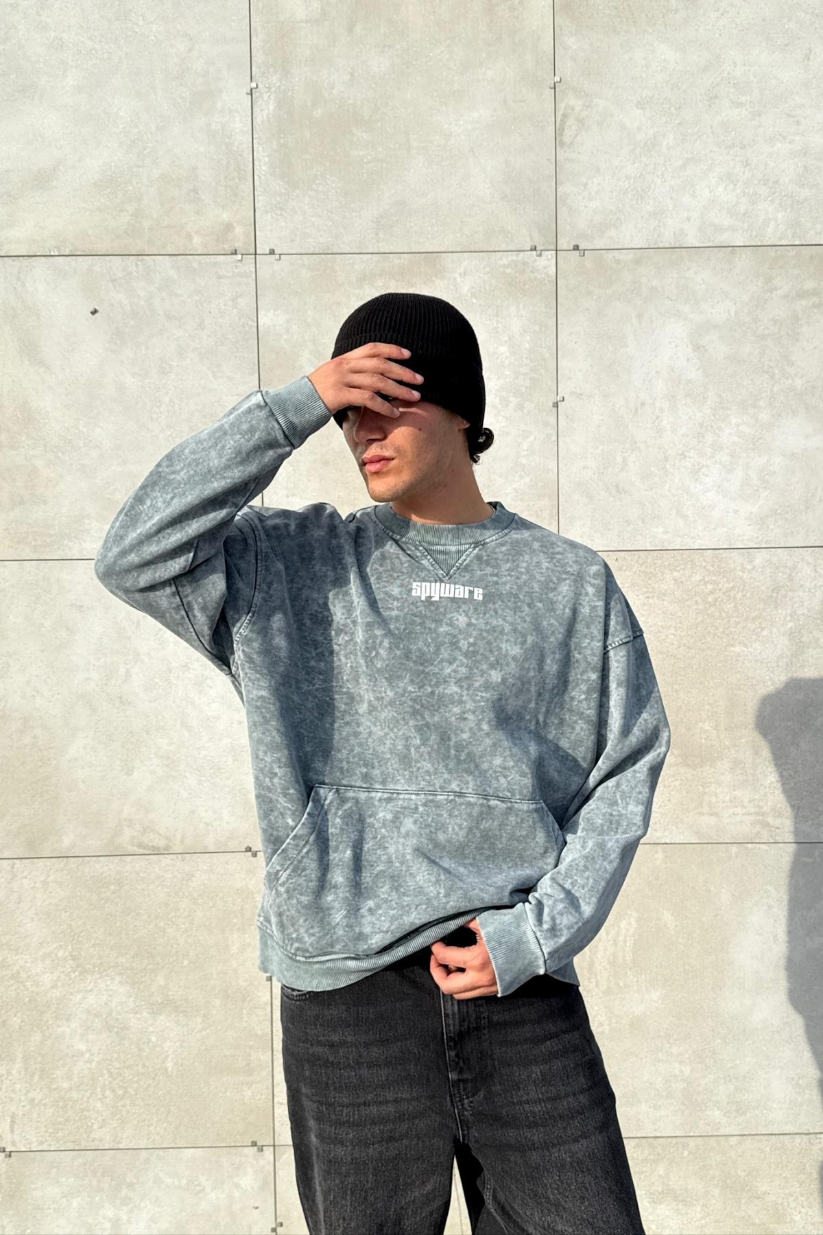 Spy Baskılı Acid Wash Oversize Sweatshirt JC01