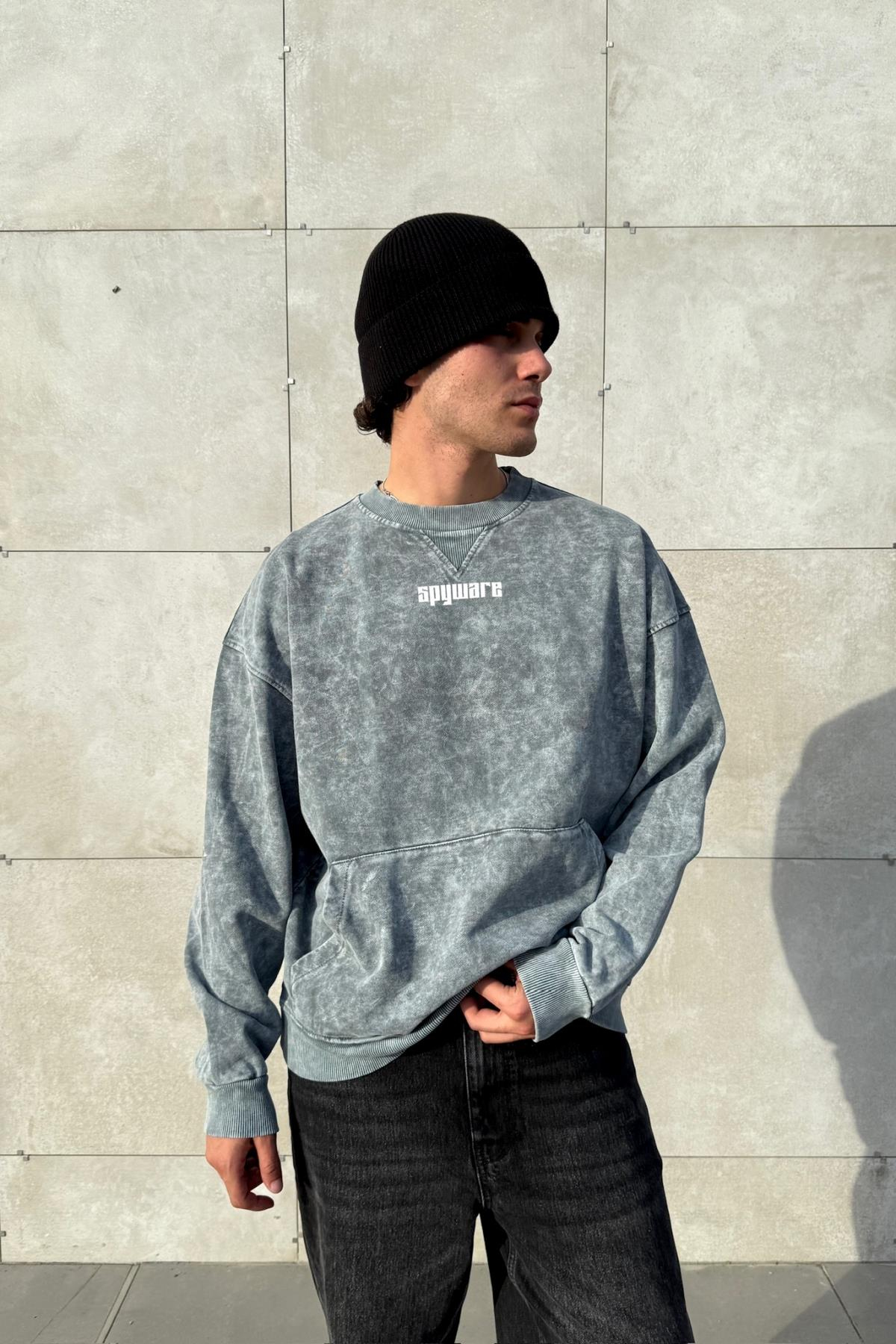 Spy Baskılı Acid Wash Oversize Sweatshirt JC01