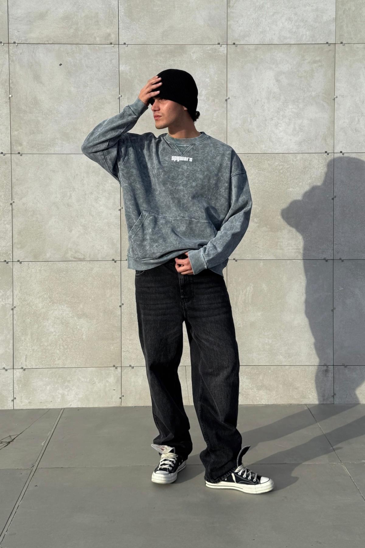 Spy Baskılı Acid Wash Oversize Sweatshirt JC01