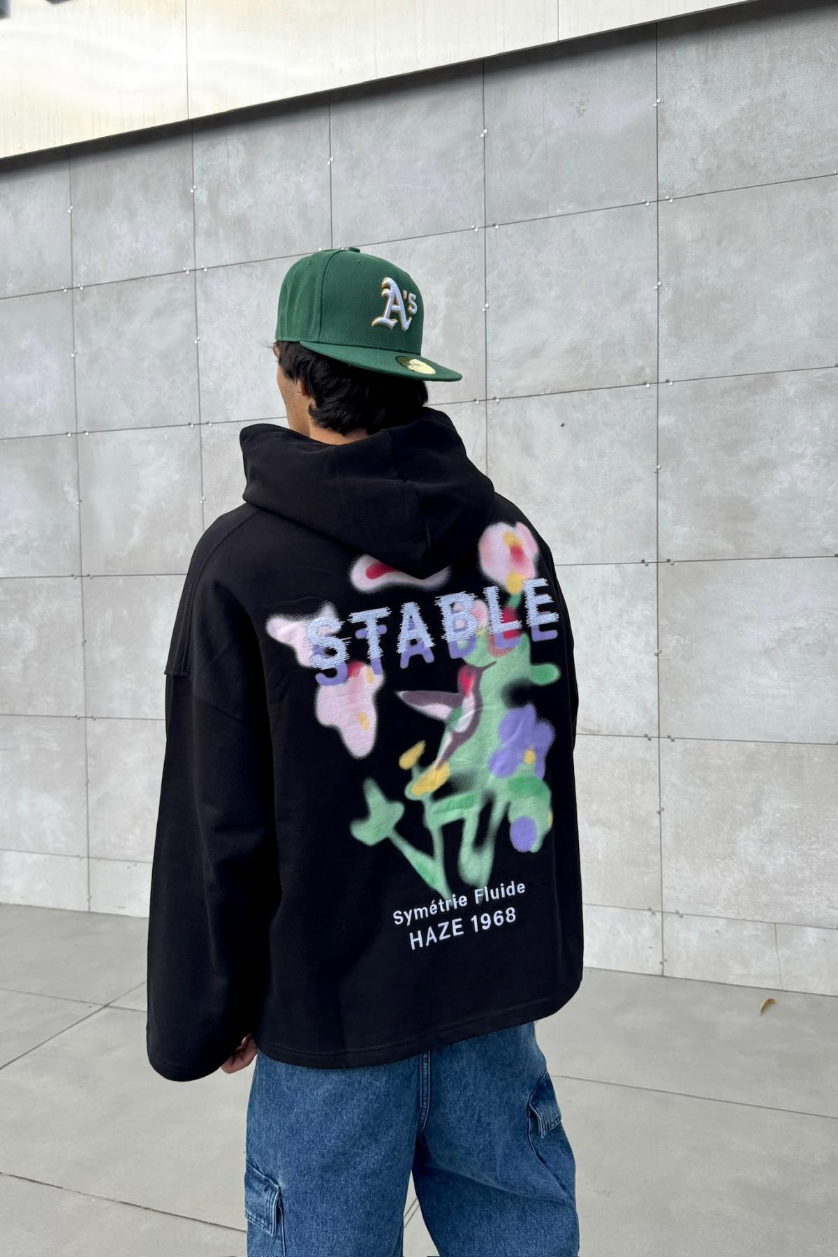 Stable Baskılı Siyah Oversize Hoodie JC01