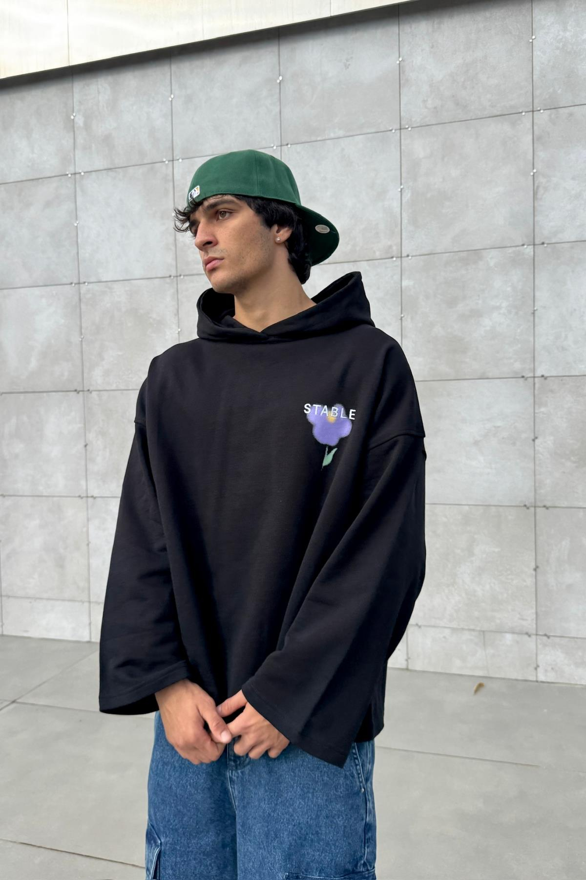 Stable Baskılı Siyah Oversize Hoodie JC01