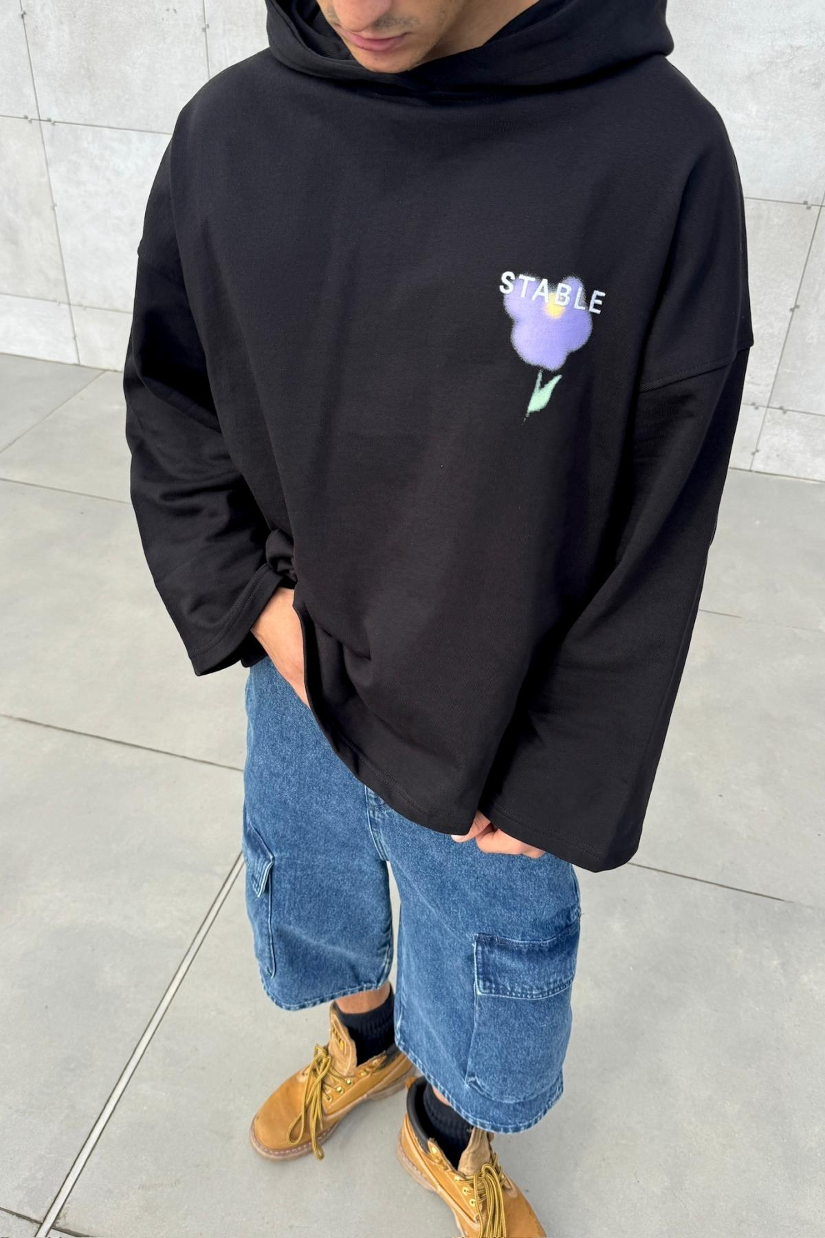 Stable Baskılı Siyah Oversize Hoodie JC01