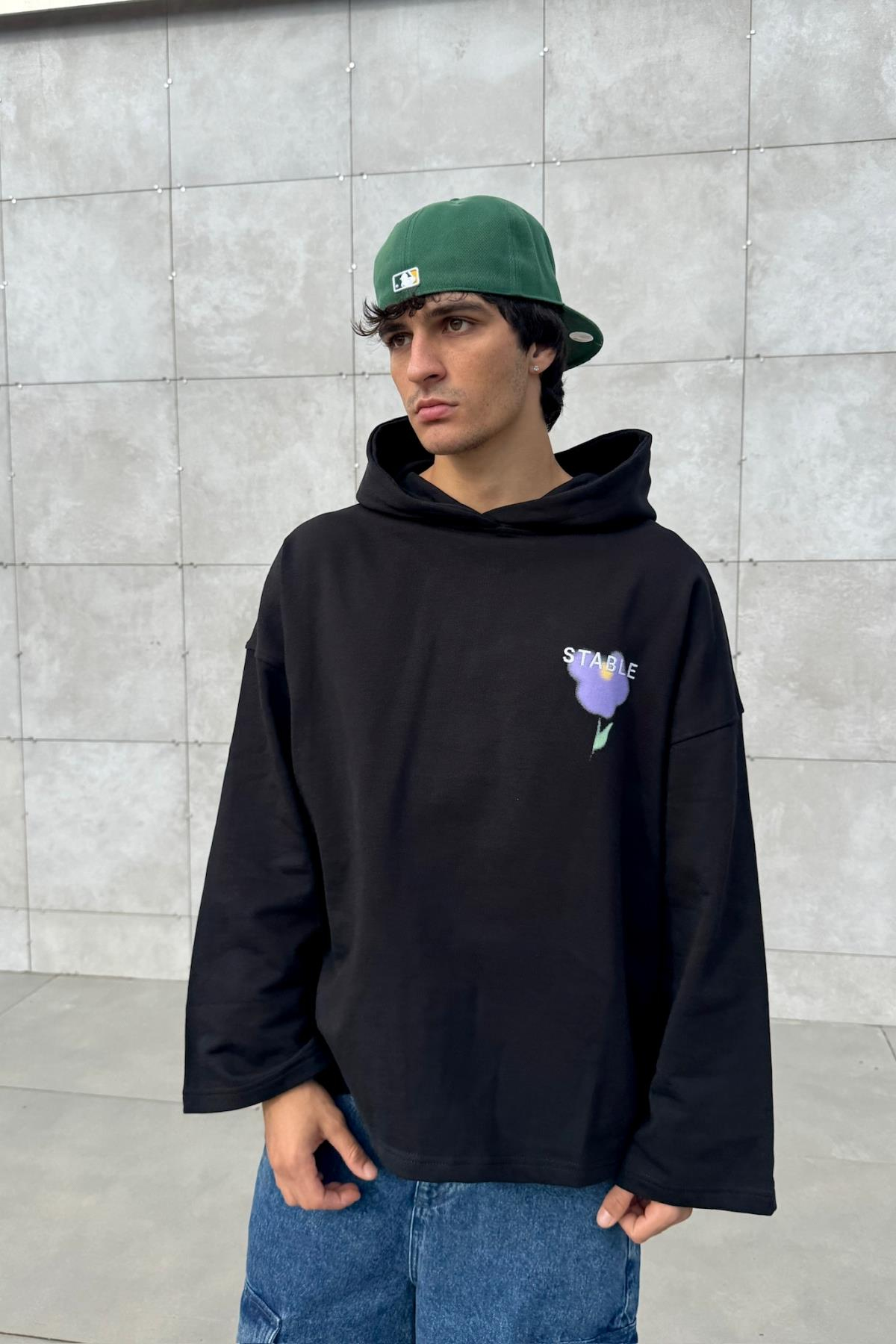 Stable Baskılı Siyah Oversize Hoodie JC01