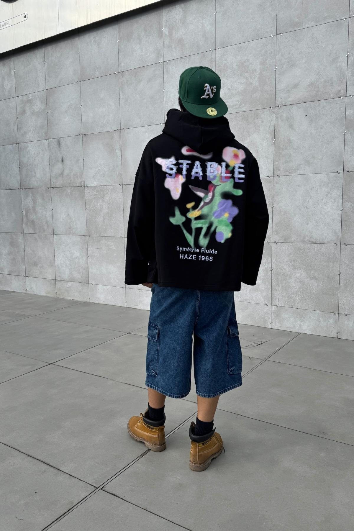 Stable Baskılı Siyah Oversize Hoodie JC01