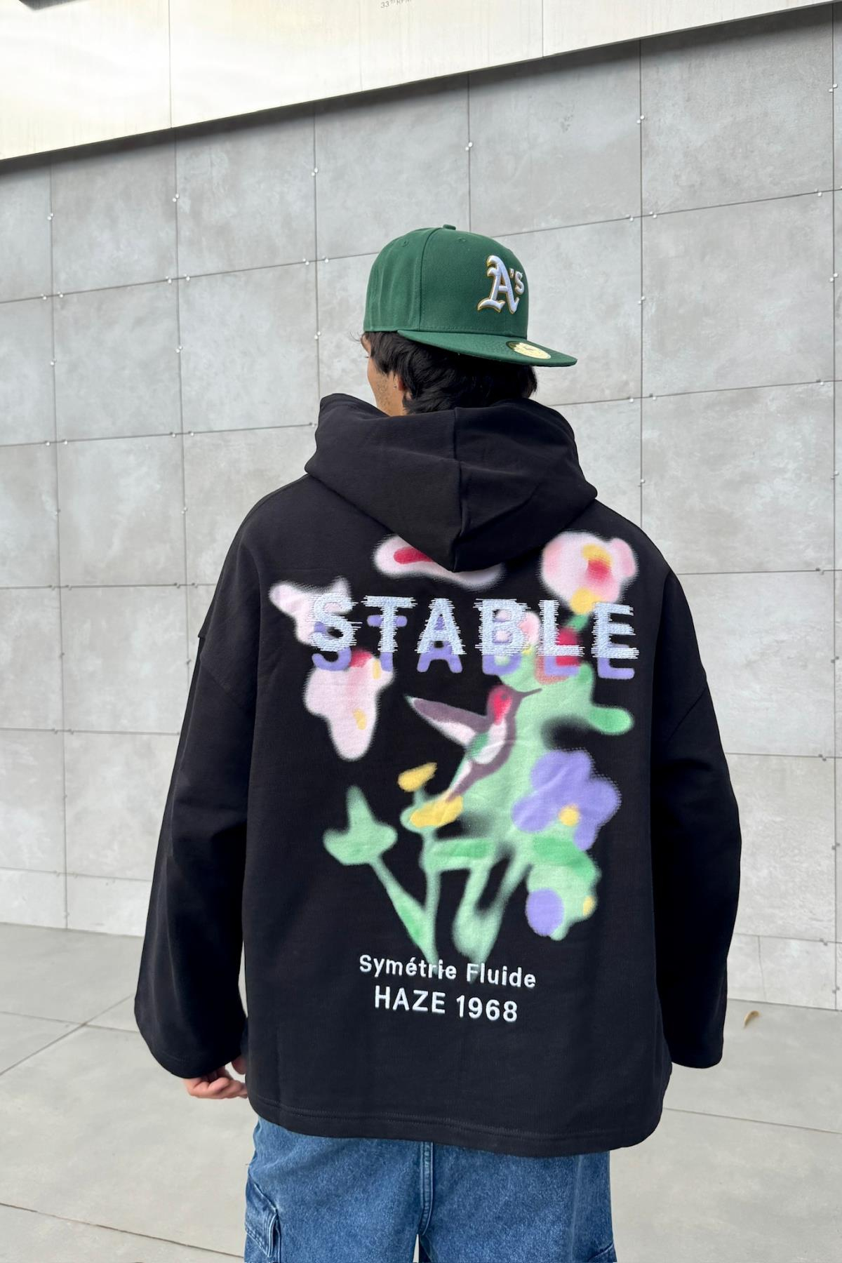 Stable Baskılı Siyah Oversize Hoodie JC01